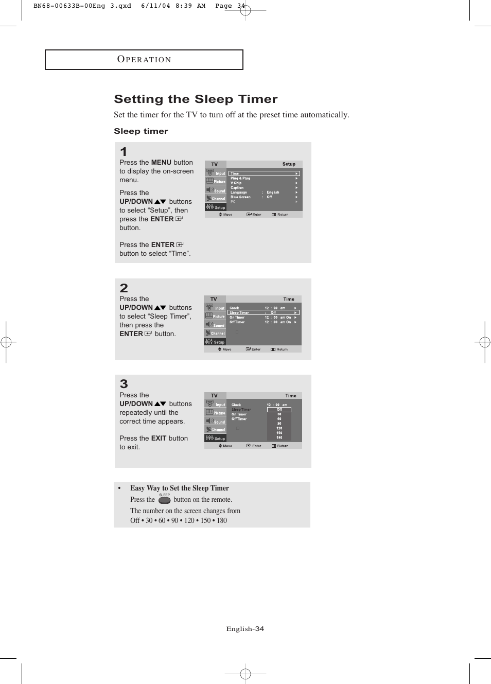 Setting the sleep timer, Sleep timer | Samsung LTP1545X-XAC User Manual | Page 39 / 66