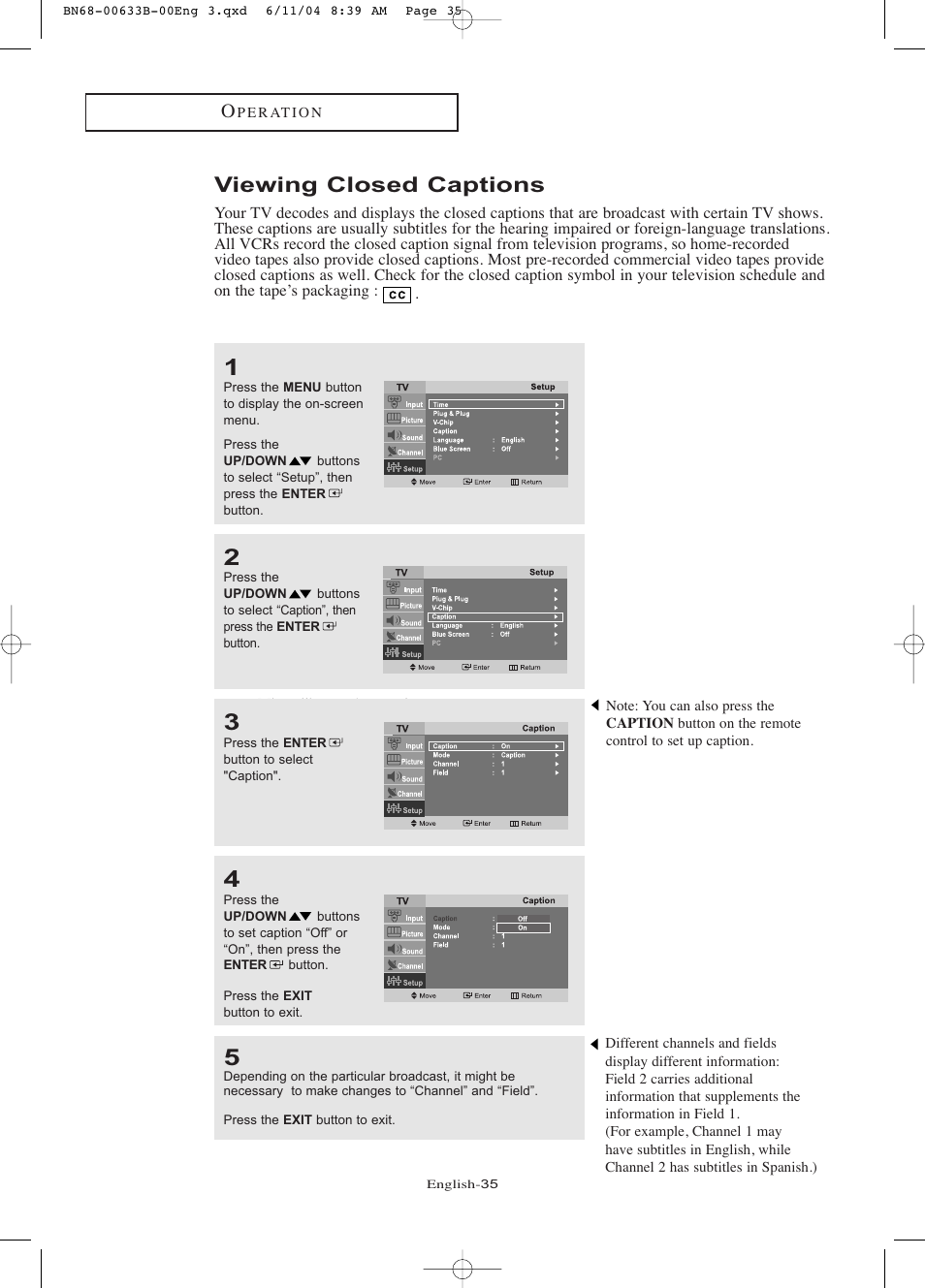 Viewing closed captions | Samsung LTP1545X-XAC User Manual | Page 40 / 66