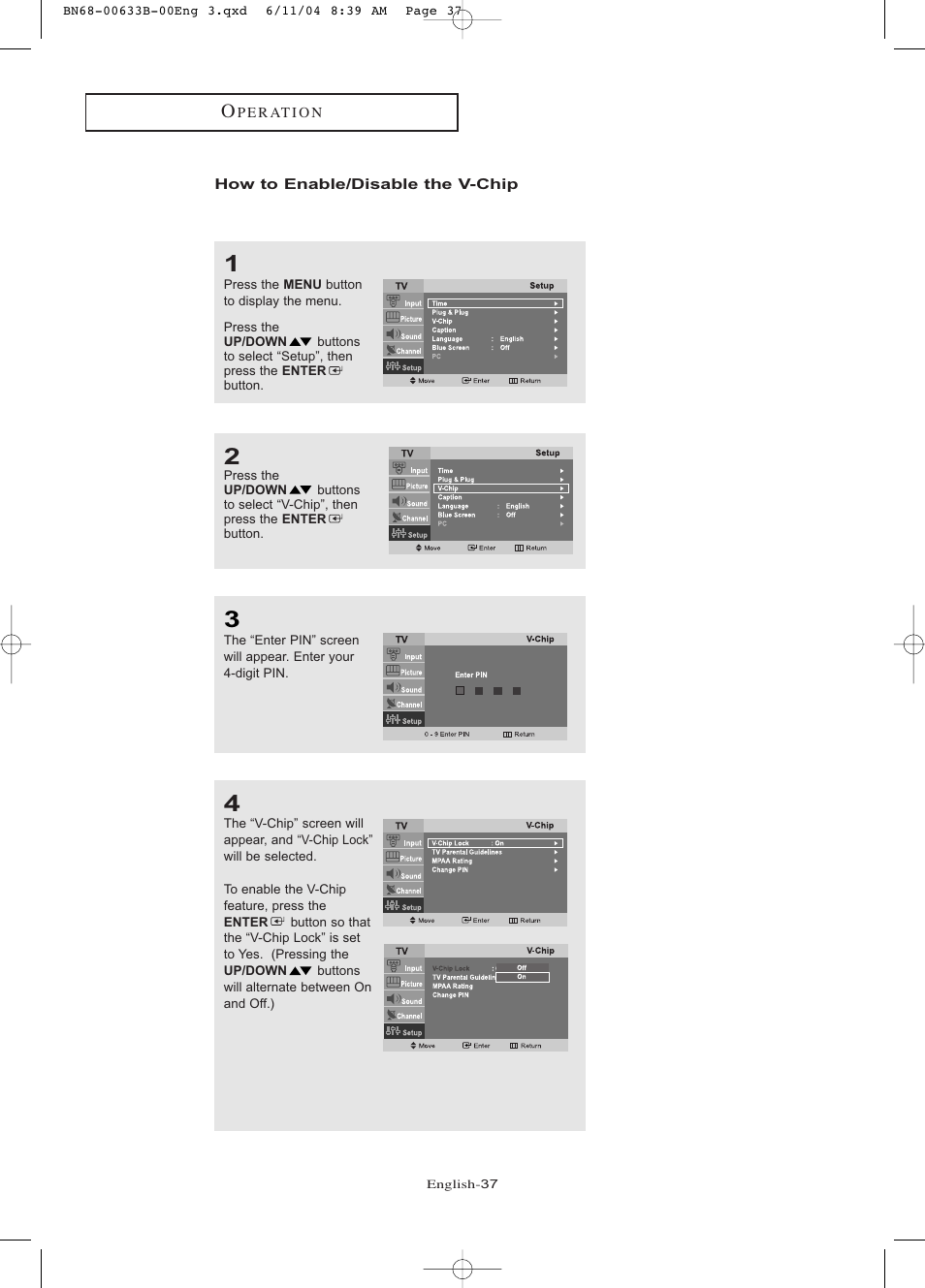 How to enable/disable the v-chip | Samsung LTP1545X-XAC User Manual | Page 42 / 66
