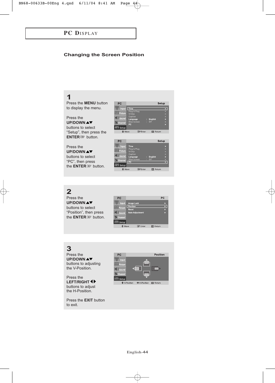 Changing the screen position, P c d | Samsung LTP1545X-XAC User Manual | Page 49 / 66