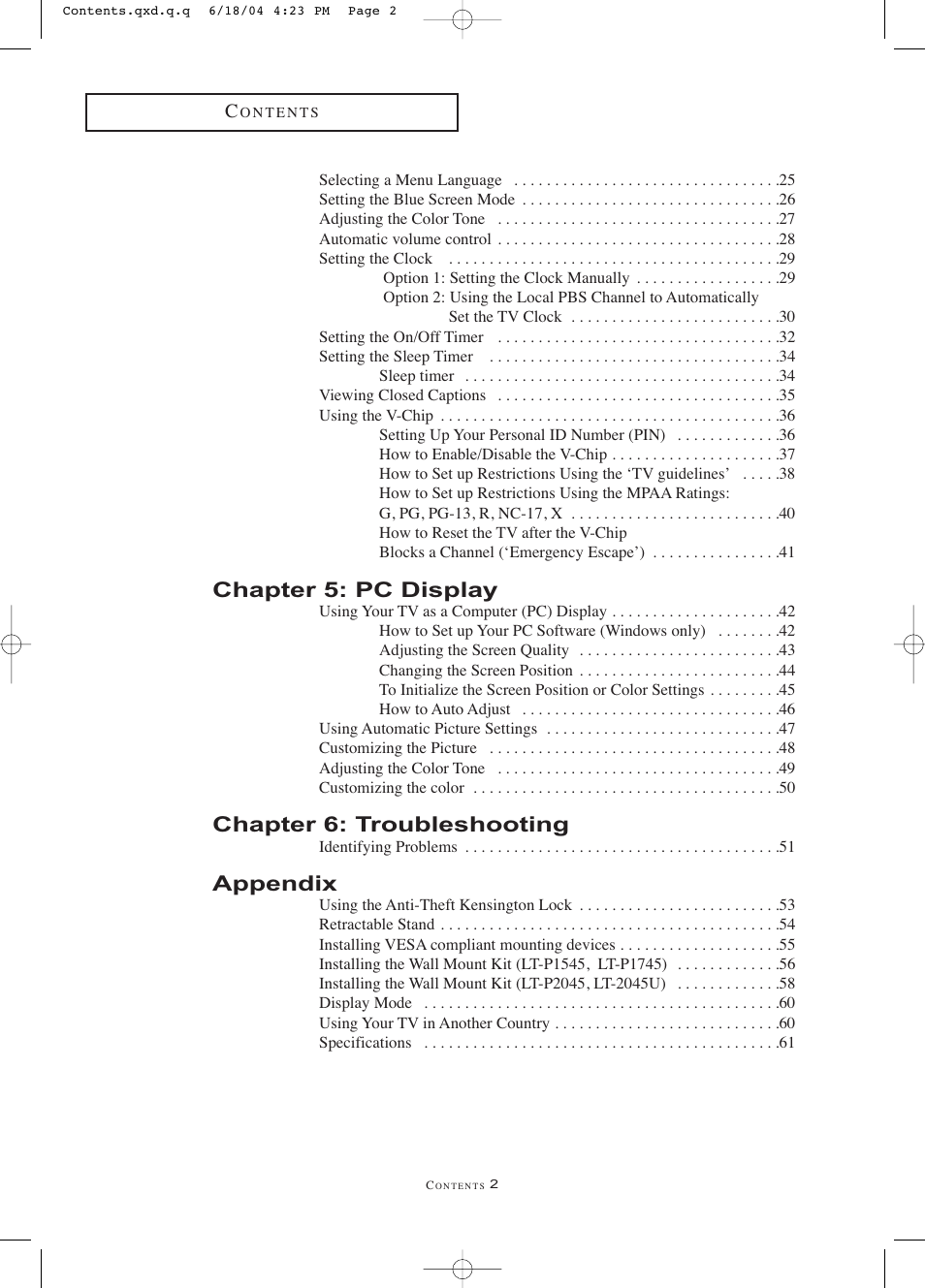 Chapter 5: pc display, Chapter 6: troubleshooting, Appendix | Samsung LTP1545X-XAC User Manual | Page 5 / 66