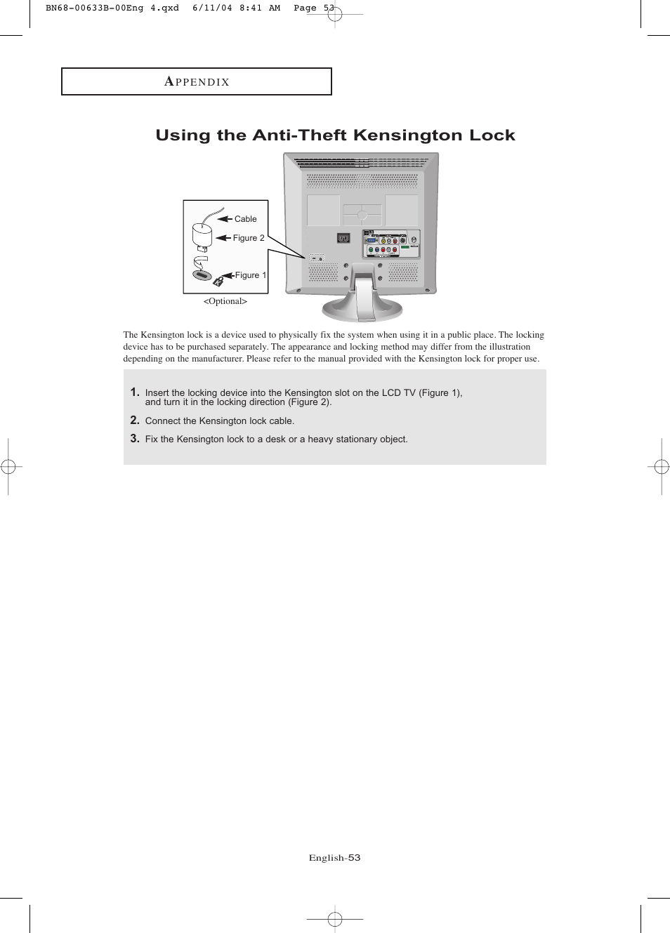 Appendix, Using the anti-theft kensington lock | Samsung LTP1545X-XAC User Manual | Page 58 / 66