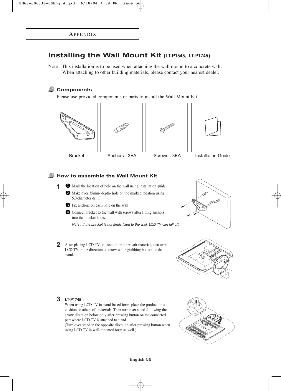 Installing the wall mount kit (lt-p1545, lt-p1745), Installing the wall mount kit | Samsung LTP1545X-XAC User Manual | Page 61 / 66