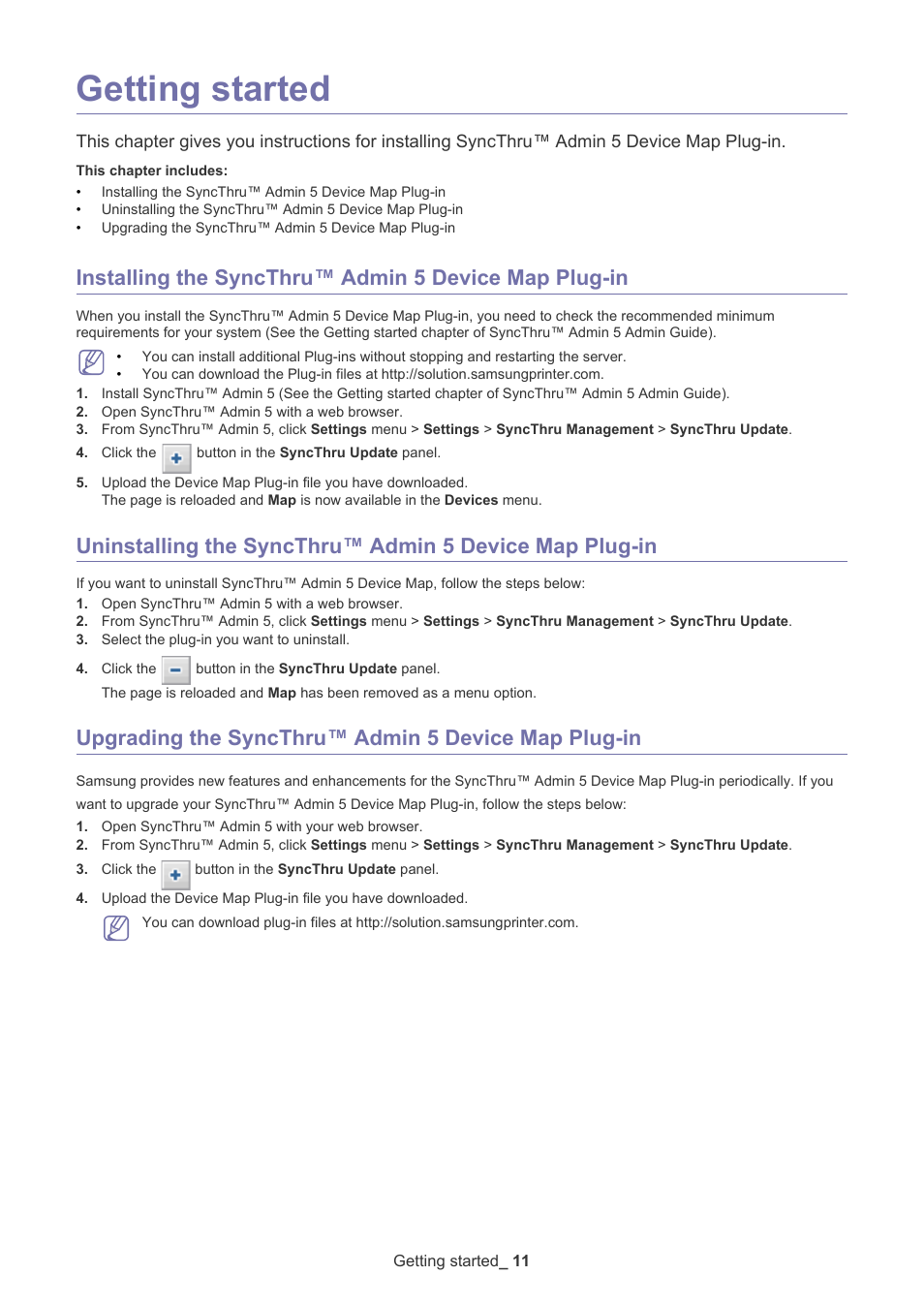 Getting started, Upgrading the syncthru™ admin 5 device map plug-in | Samsung ML-3471ND-XAR User Manual | Page 11 / 39