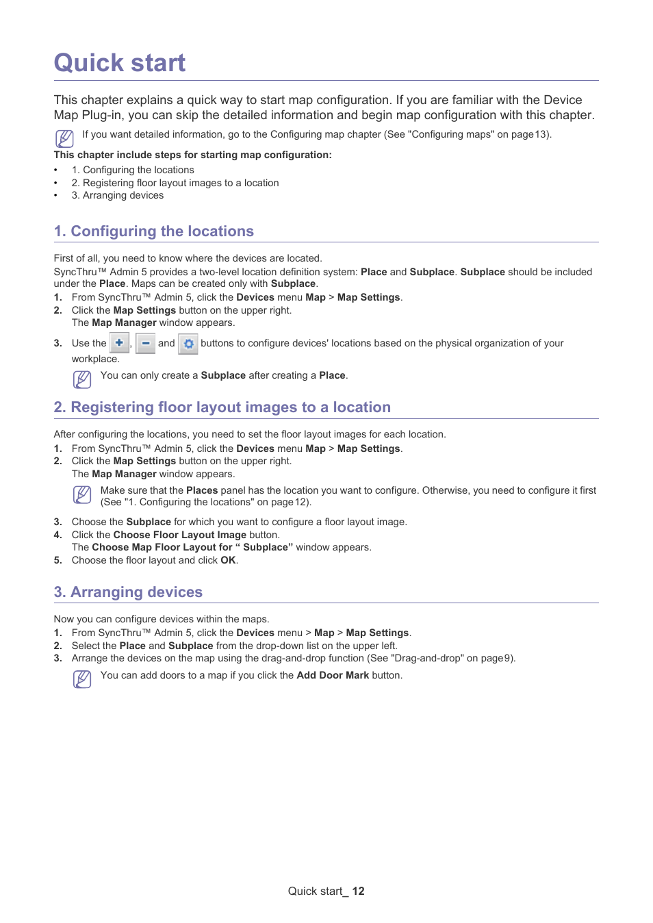 Quick start, Configuring the locations, Registering floor layout images to a location | Arranging devices | Samsung ML-3471ND-XAR User Manual | Page 12 / 39