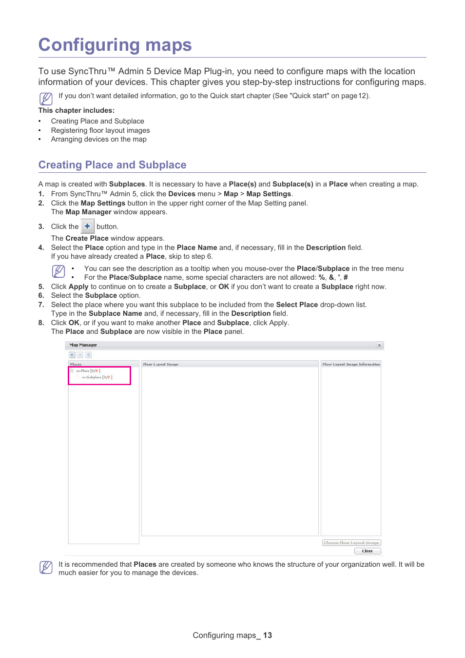 Configuring maps, Creating place and subplace | Samsung ML-3471ND-XAR User Manual | Page 13 / 39