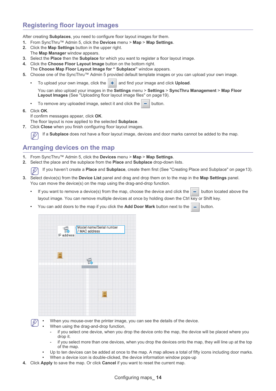 Registering floor layout images, Arranging devices on the map | Samsung ML-3471ND-XAR User Manual | Page 14 / 39