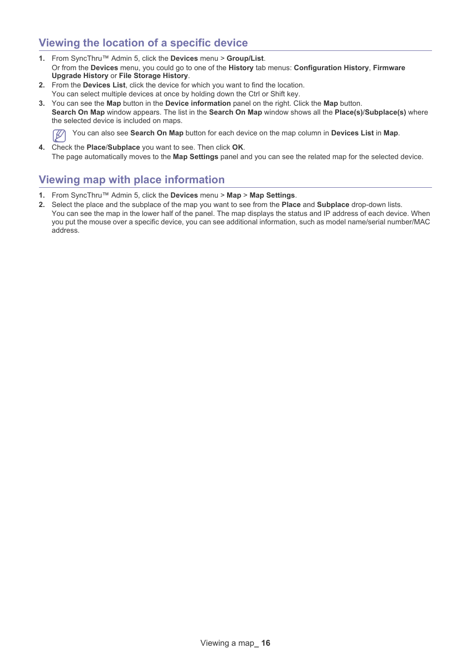 Viewing the location of a specific device, Viewing map with place information | Samsung ML-3471ND-XAR User Manual | Page 16 / 39
