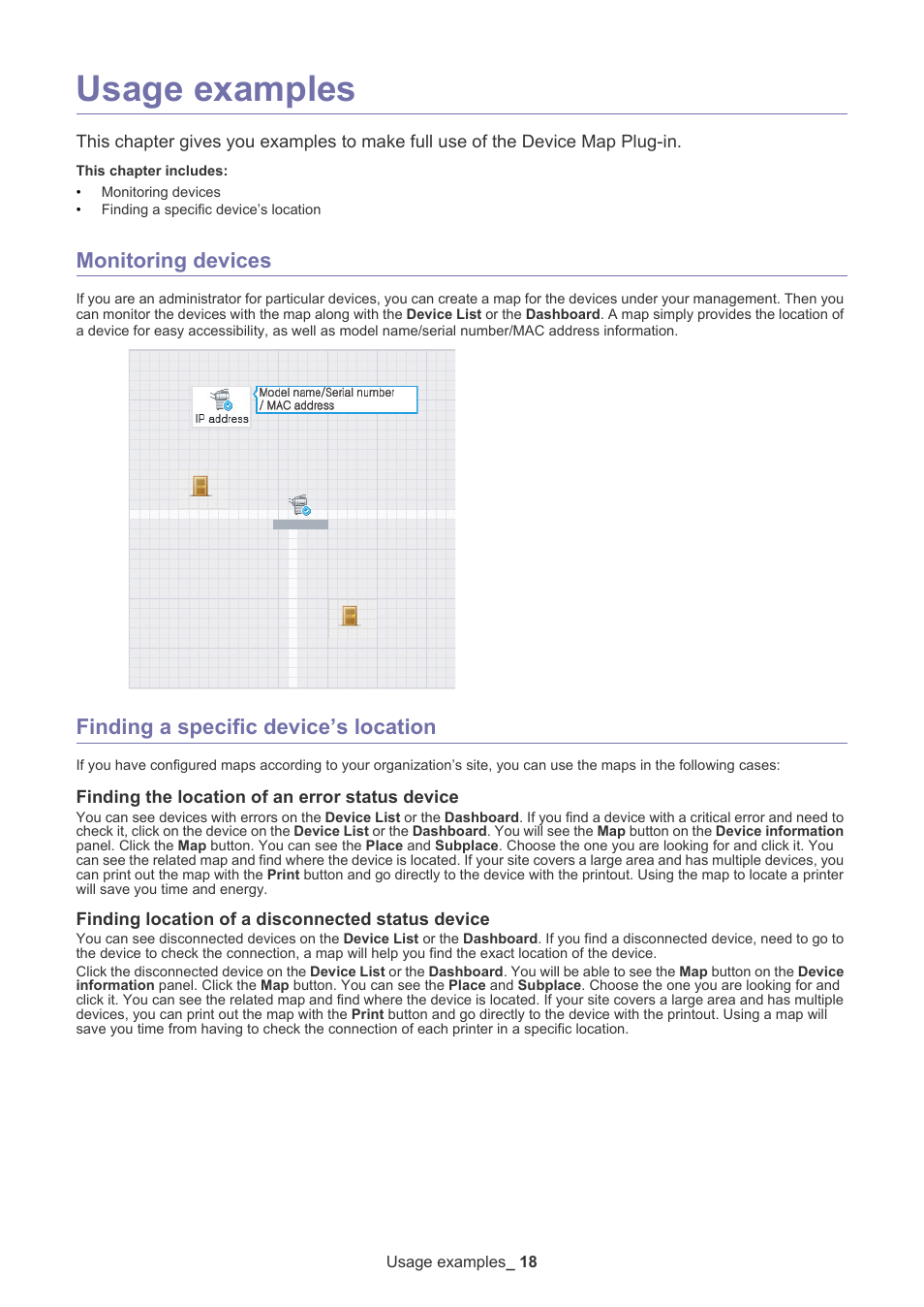 Usage examples, Monitoring devices, Finding a specific device’s location | Finding the location of an error status device, Finding location of a disconnected status device | Samsung ML-3471ND-XAR User Manual | Page 18 / 39