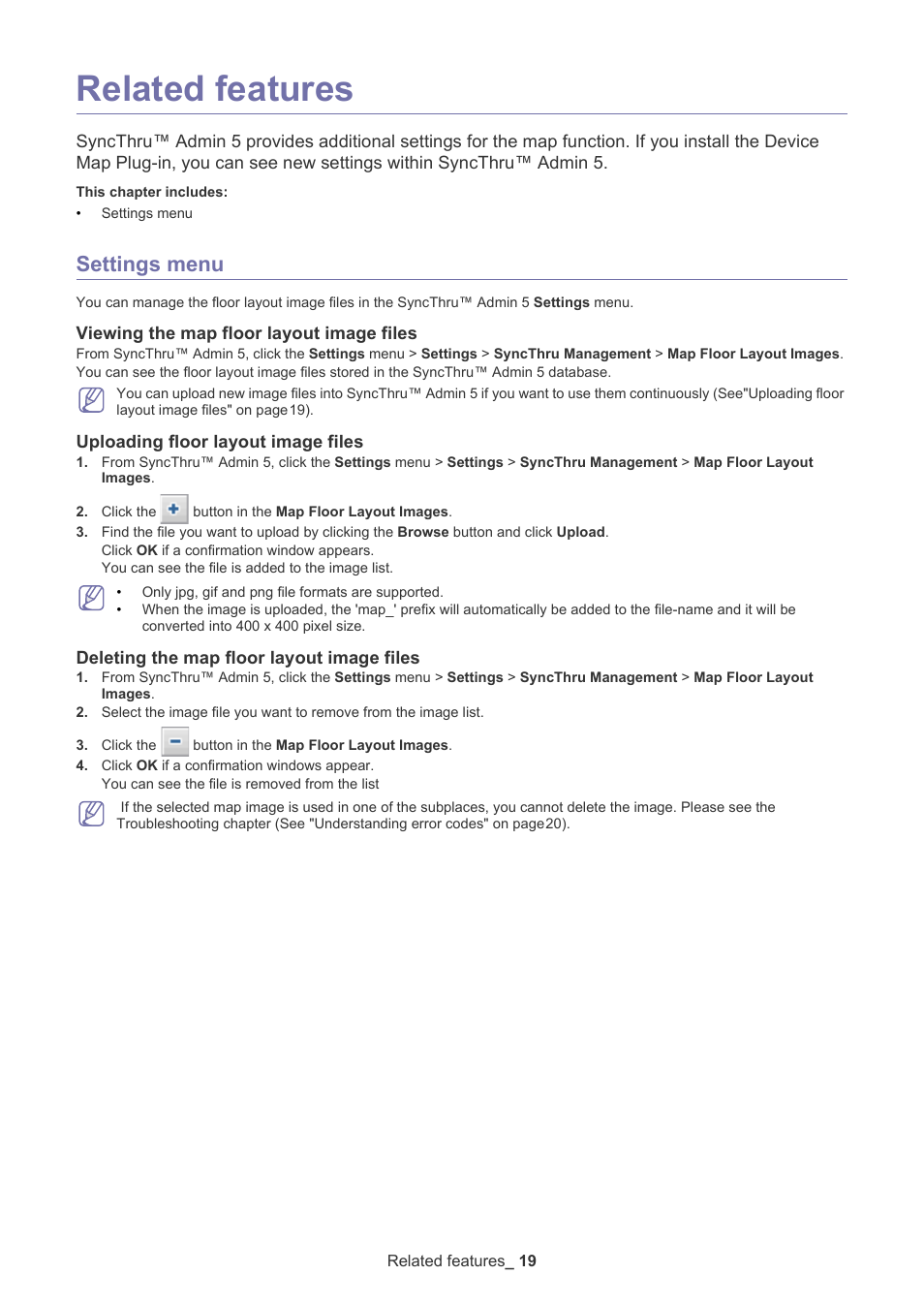 Related features, Settings menu, Viewing the map floor layout image files | Uploading floor layout image files, Deleting the map floor layout image files | Samsung ML-3471ND-XAR User Manual | Page 19 / 39