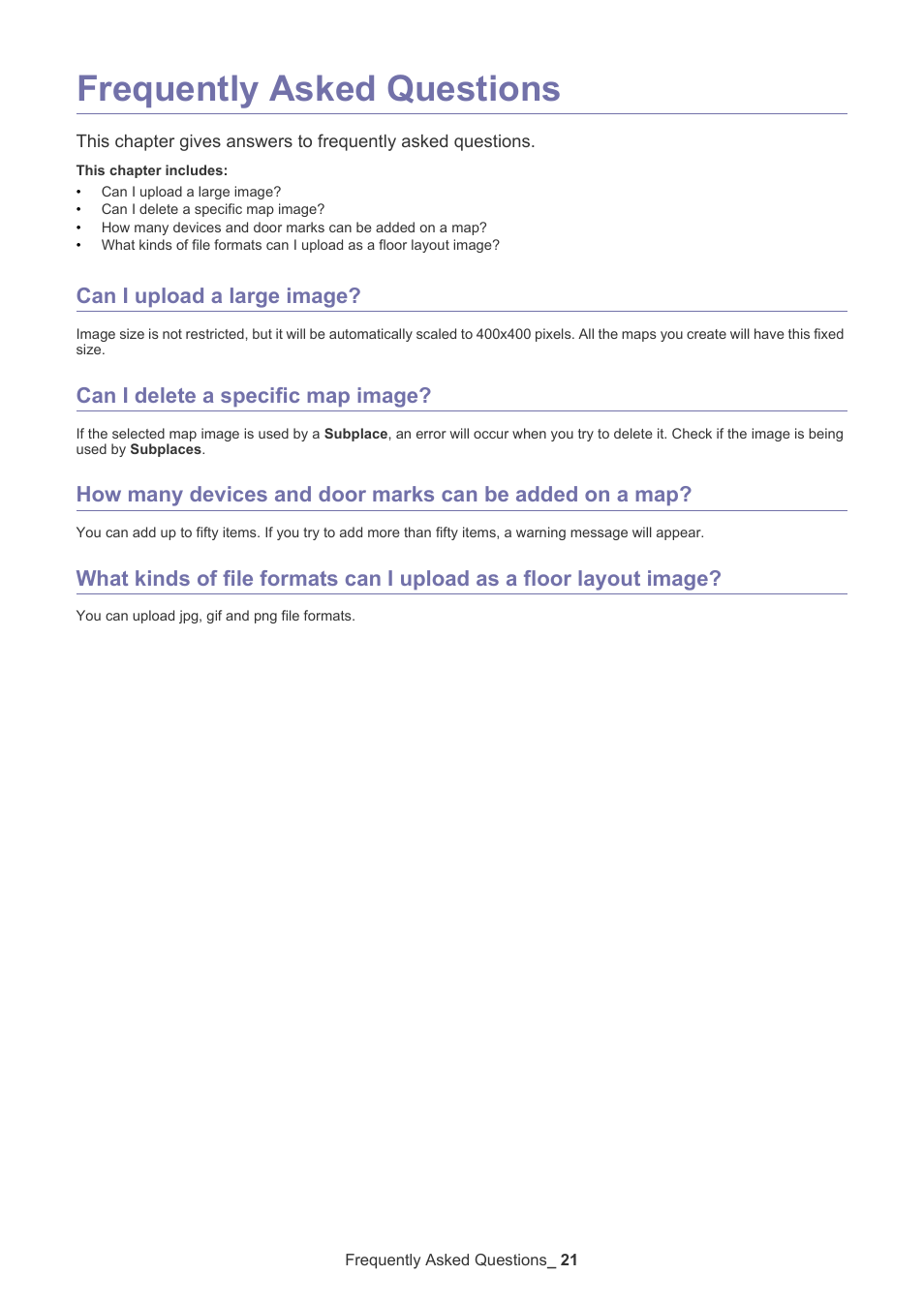 Frequently asked questions, Can i upload a large image, Can i delete a specific map image | Samsung ML-3471ND-XAR User Manual | Page 21 / 39