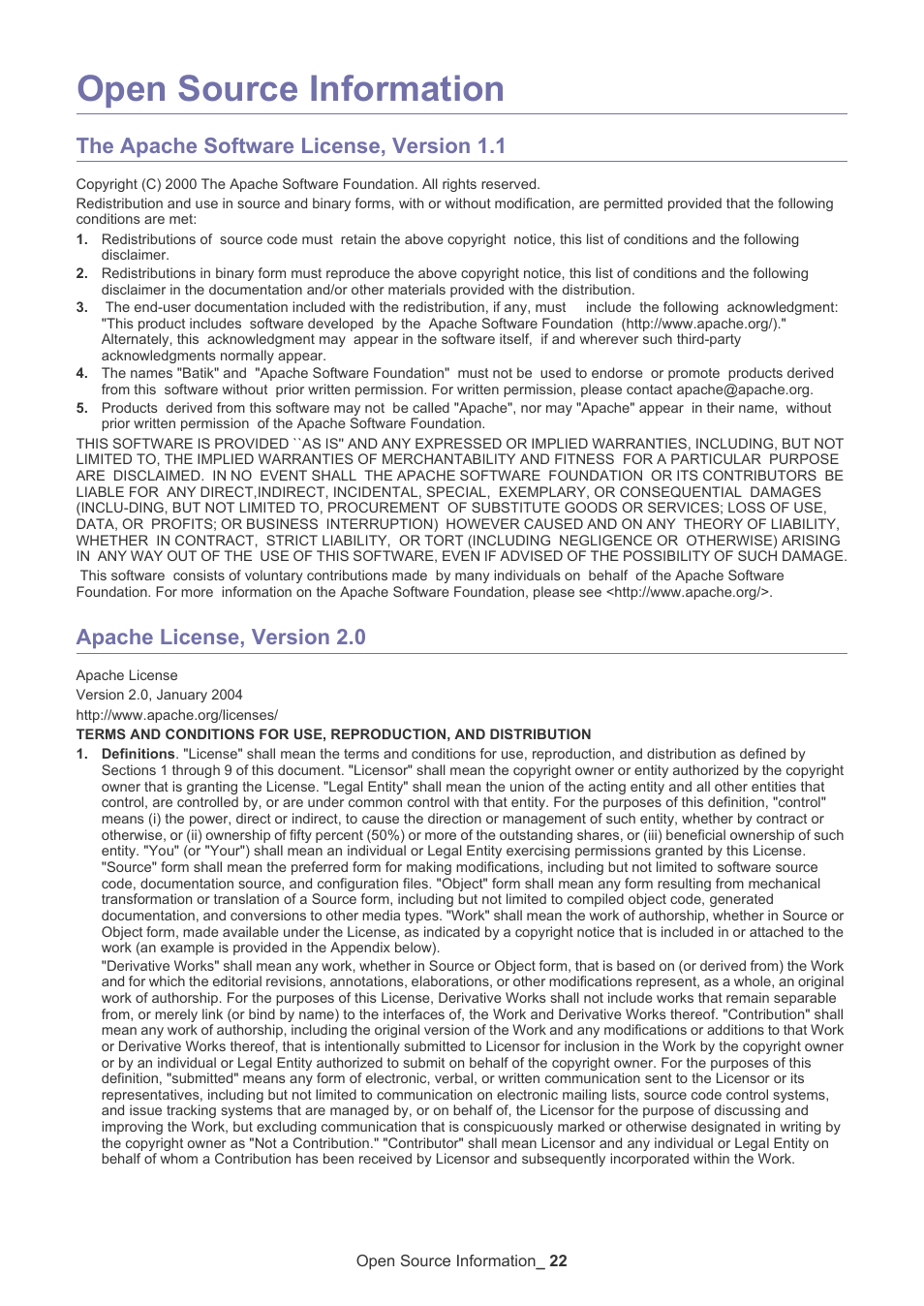 Open source information, The apache software license, version 1.1, Apache license, version 2.0 | Samsung ML-3471ND-XAR User Manual | Page 22 / 39