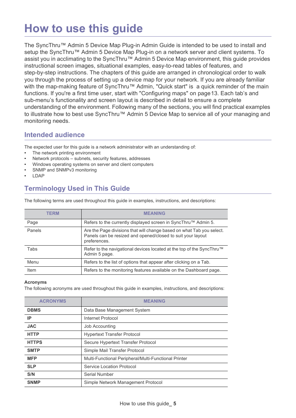 How to use this guide, Intended audience, Terminology used in this guide | Samsung ML-3471ND-XAR User Manual | Page 5 / 39