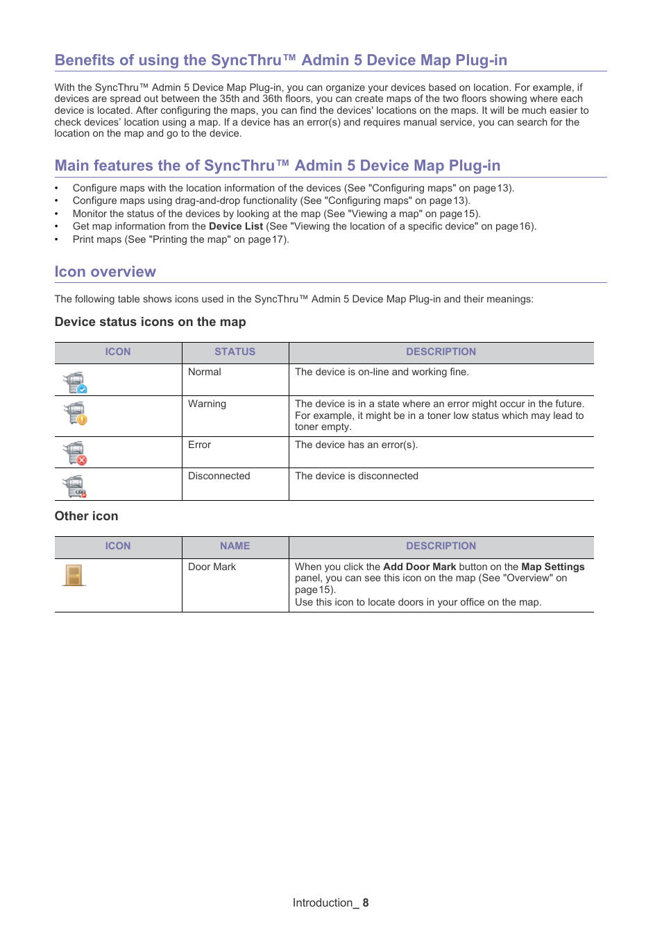 Icon overview, Device status icons on the map, Other icon | Samsung ML-3471ND-XAR User Manual | Page 8 / 39