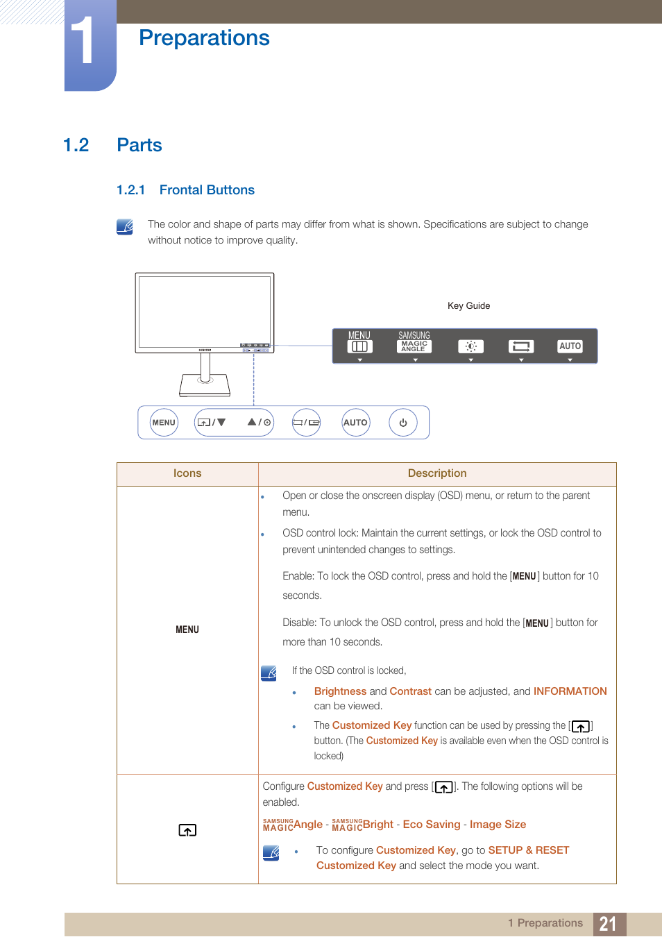 2 parts, 1 frontal buttons, Parts | Frontal buttons, Preparations | Samsung LS19C45KBRV-GO User Manual | Page 21 / 101