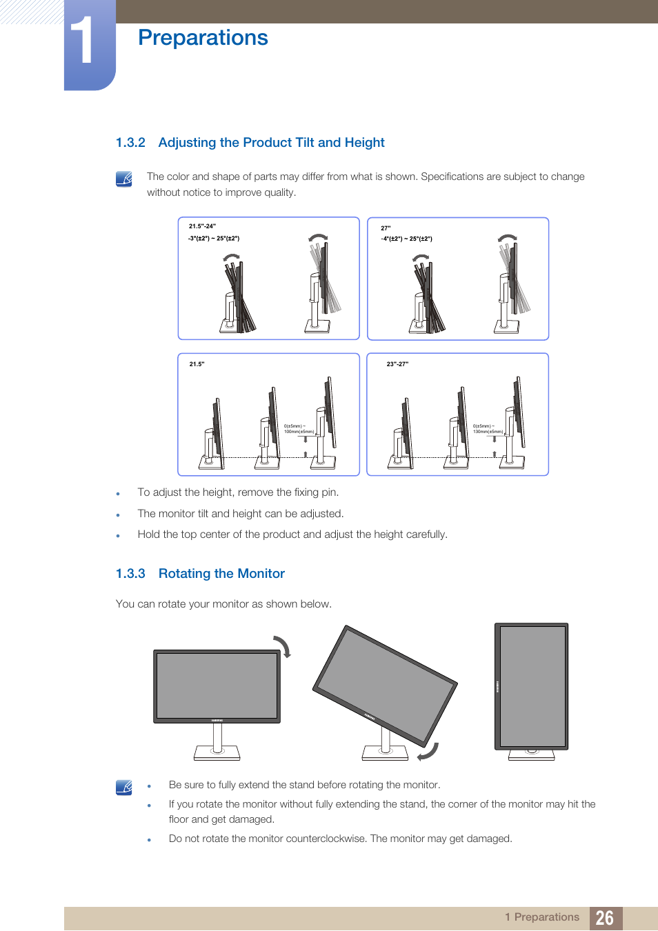 2 adjusting the product tilt and height, 3 rotating the monitor, Adjusting the product tilt and height | Rotating the monitor, Preparations | Samsung LS19C45KBRV-GO User Manual | Page 26 / 101