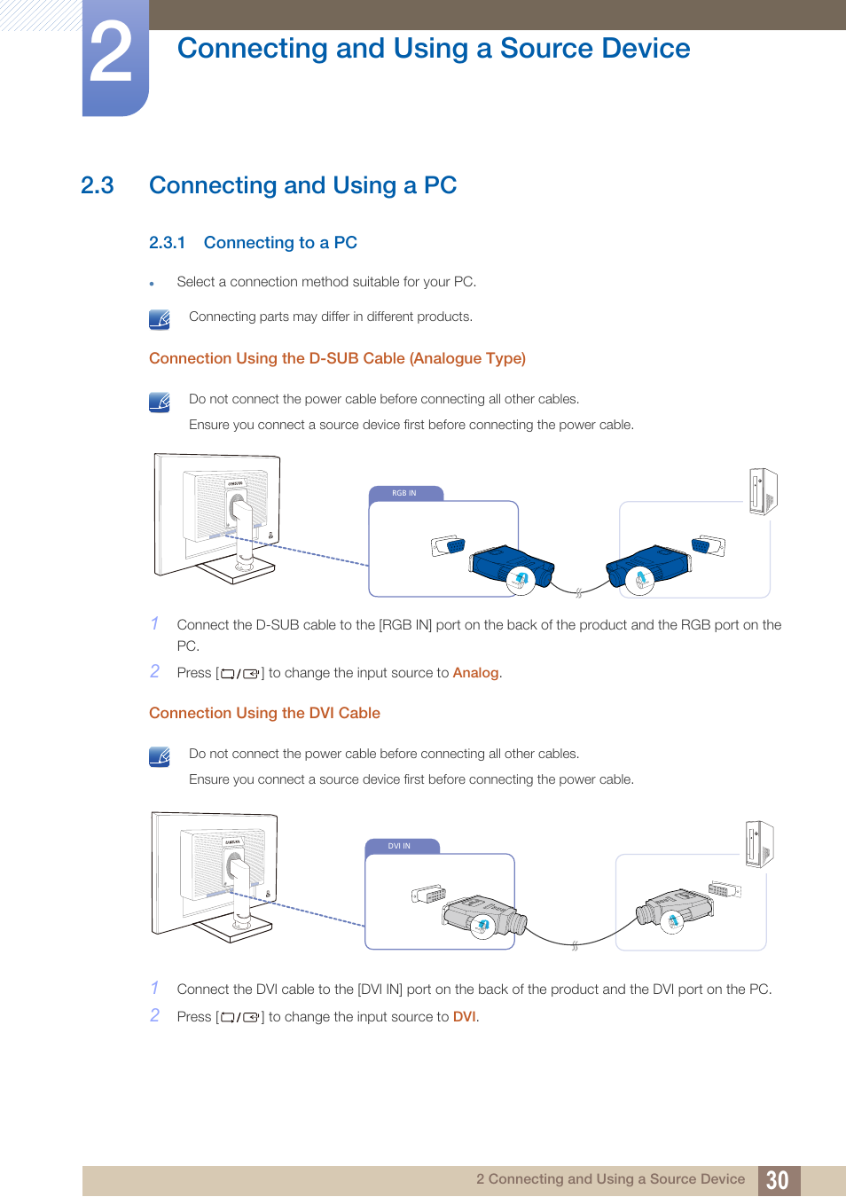 3 connecting and using a pc, 1 connecting to a pc, Connecting and using a pc | Connecting to a pc, Connecting and using a source device | Samsung LS19C45KBRV-GO User Manual | Page 30 / 101