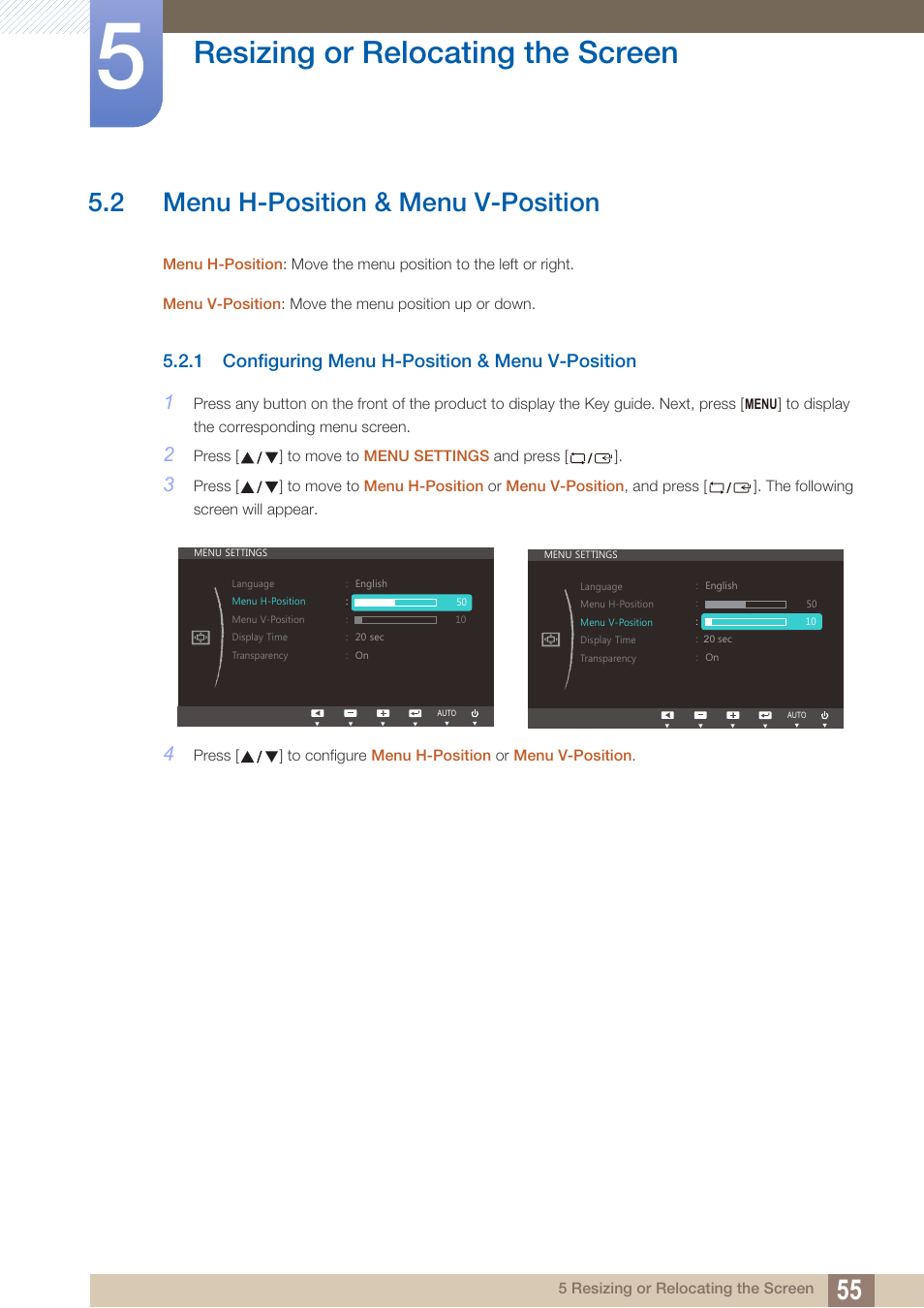 2 menu h-position & menu v-position, 1 configuring menu h-position & menu v-position, Menu h-position & menu v-position | Configuring menu h-position & menu v- position, Resizing or relocating the screen | Samsung LS19C45KBRV-GO User Manual | Page 55 / 101