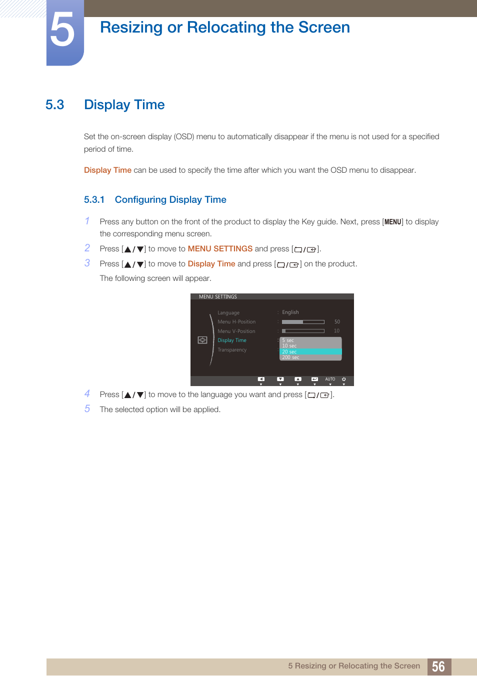 3 display time, 1 configuring display time, Display time | Configuring display time, Resizing or relocating the screen | Samsung LS19C45KBRV-GO User Manual | Page 56 / 101