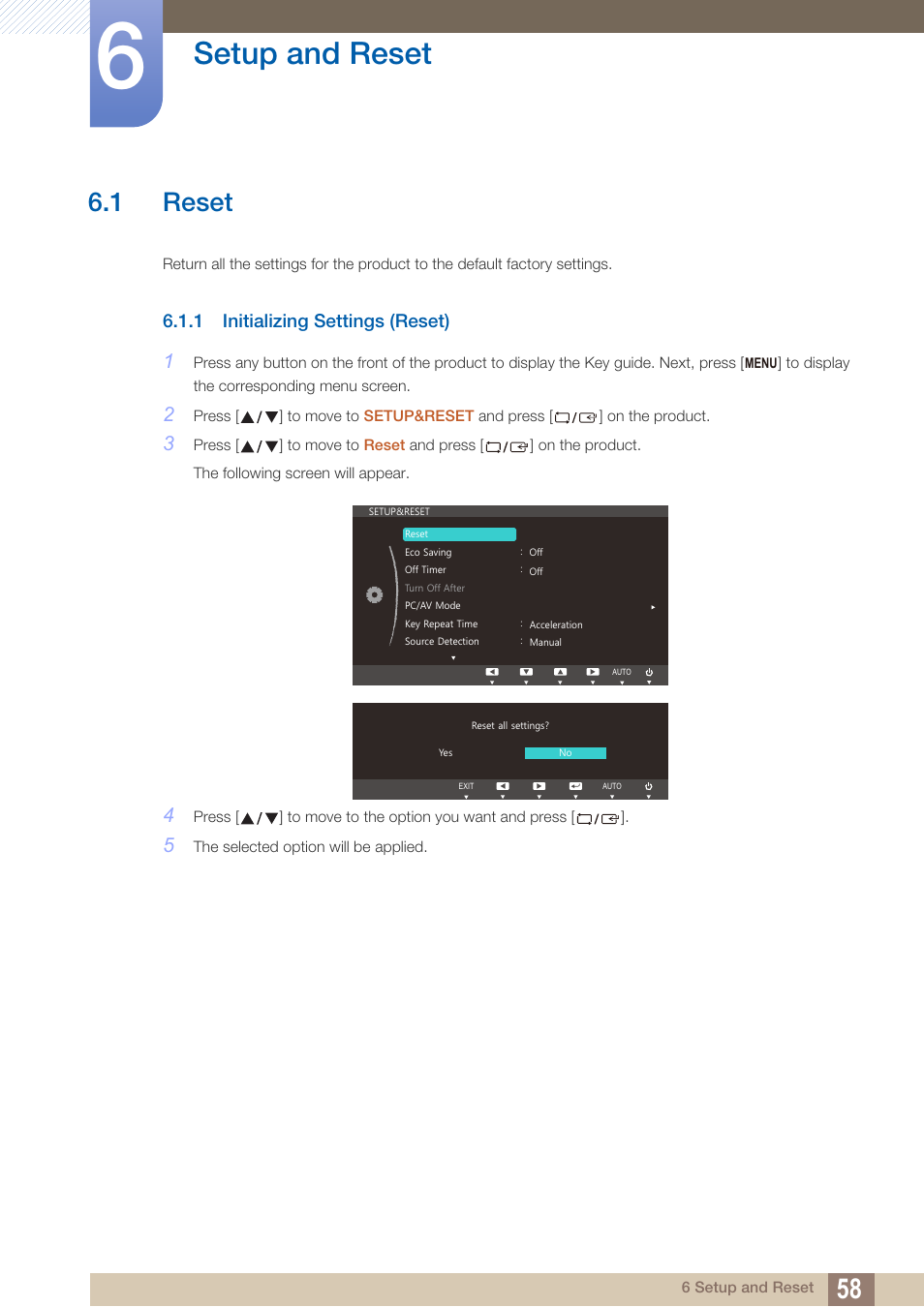 Setup and reset, 1 reset, 1 initializing settings (reset) | Reset, Initializing settings (reset) | Samsung LS19C45KBRV-GO User Manual | Page 58 / 101