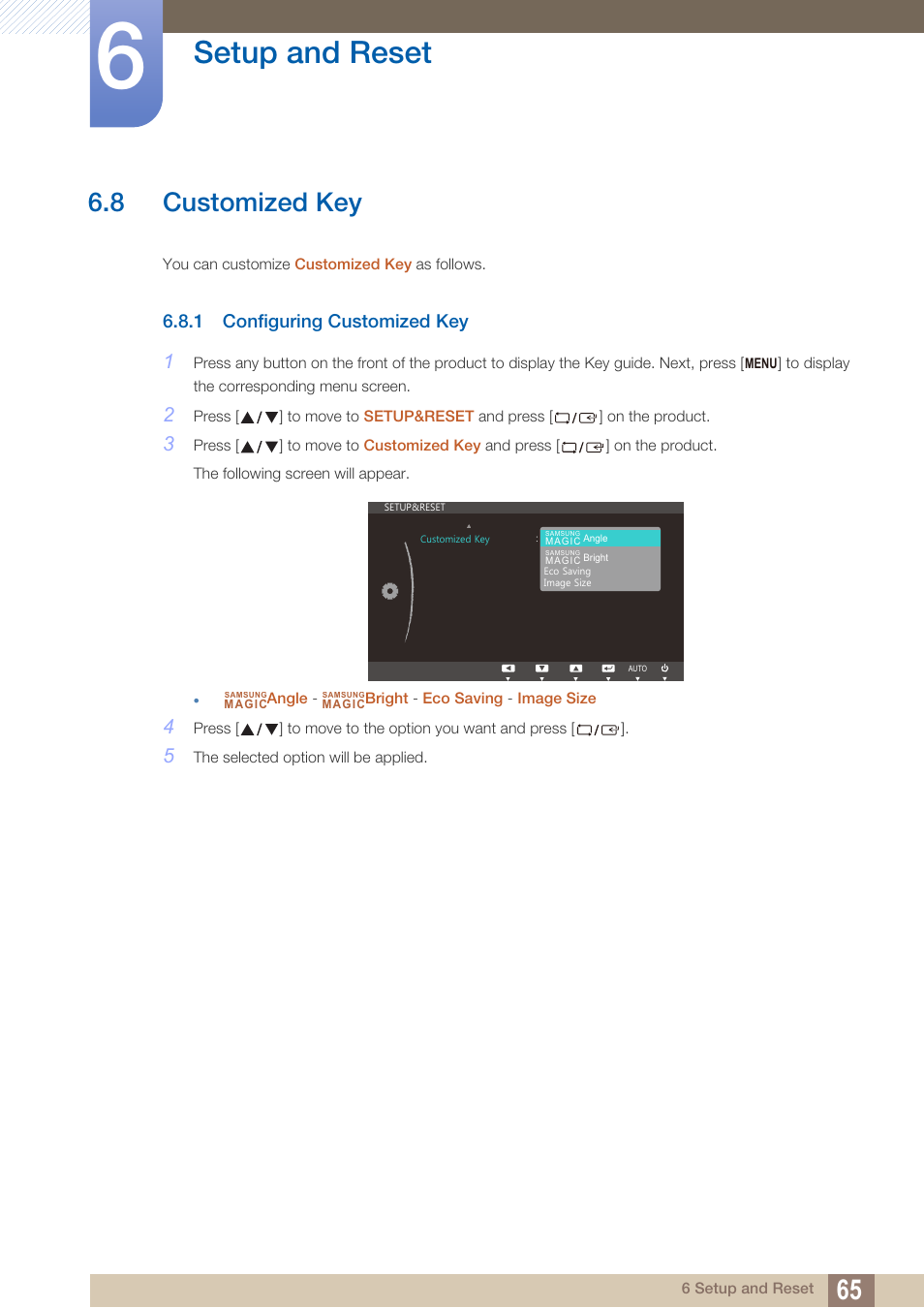 8 customized key, 1 configuring customized key, Customized key | Configuring customized key, Setup and reset | Samsung LS19C45KBRV-GO User Manual | Page 65 / 101