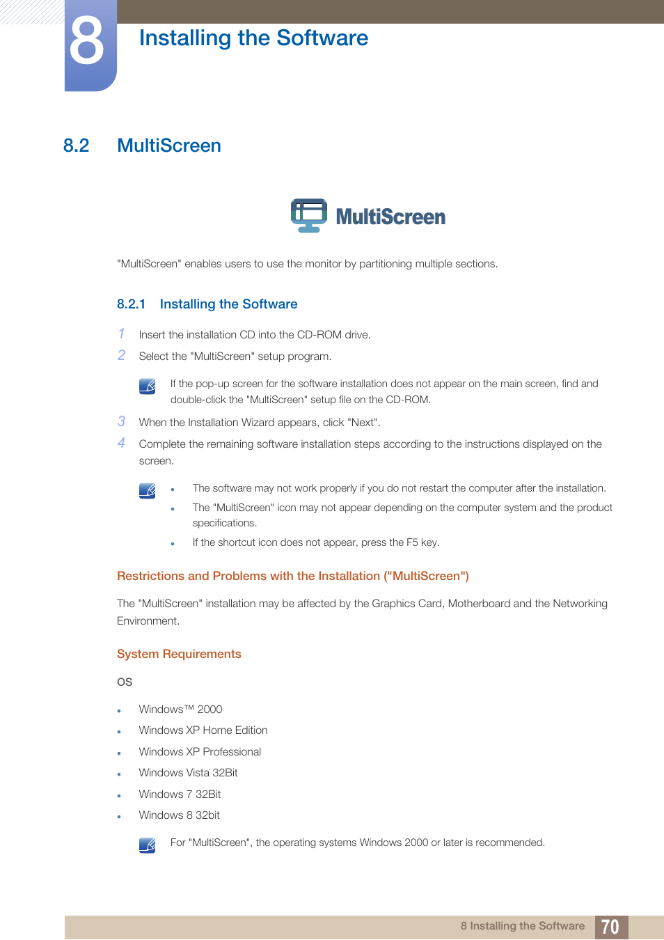 2 multiscreen, 1 installing the software, Multiscreen | Installing the software | Samsung LS19C45KBRV-GO User Manual | Page 70 / 101