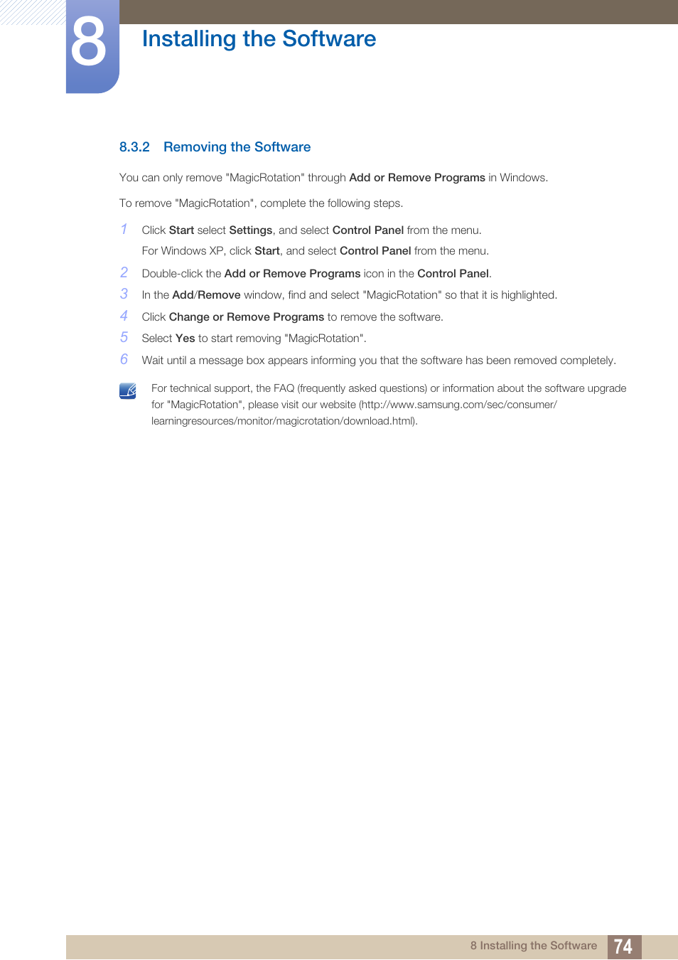 2 removing the software, Removing the software, Installing the software | Samsung LS19C45KBRV-GO User Manual | Page 74 / 101