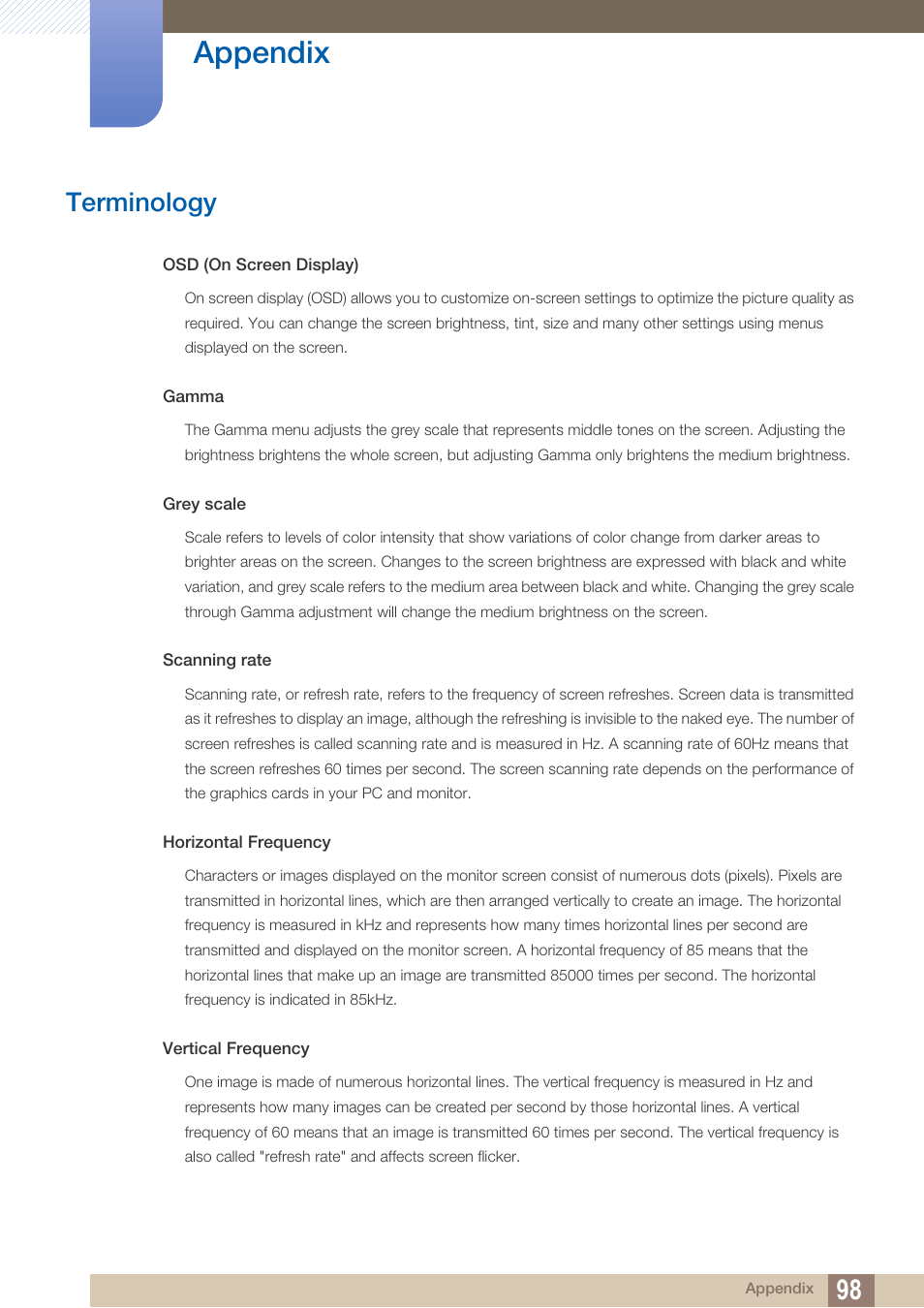 Terminology, Appendix | Samsung LS19C45KBRV-GO User Manual | Page 98 / 101