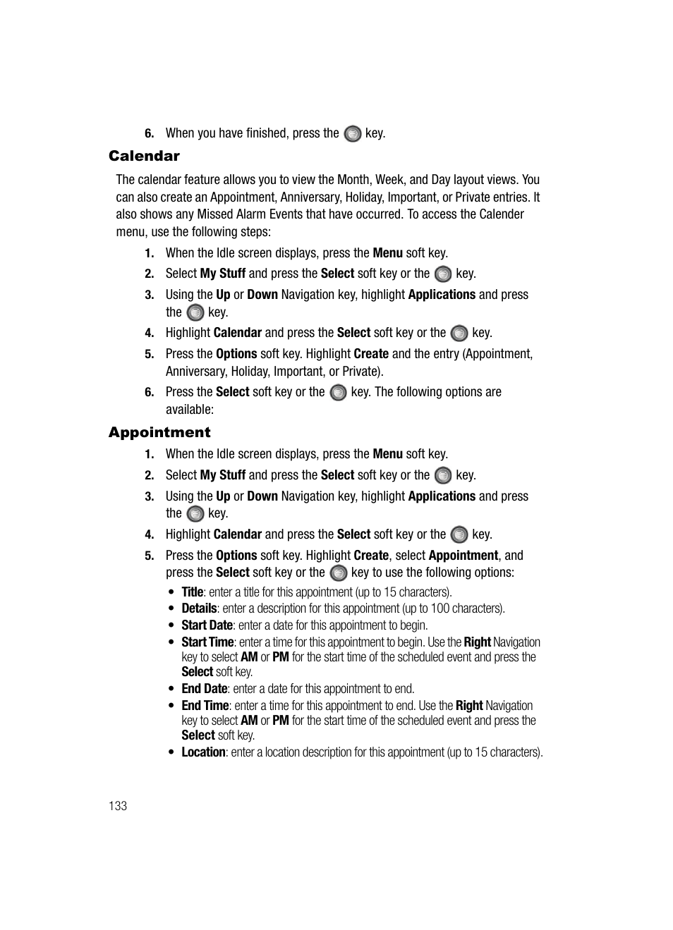 Calendar appointment, Appointment, Calendar | Samsung SGH-A727ZKAATT User Manual | Page 136 / 185