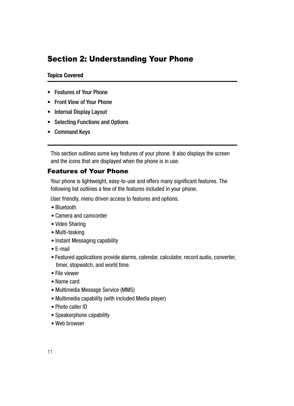 Section 2: understanding your phone, Features of your phone | Samsung SGH-A727ZKAATT User Manual | Page 14 / 185