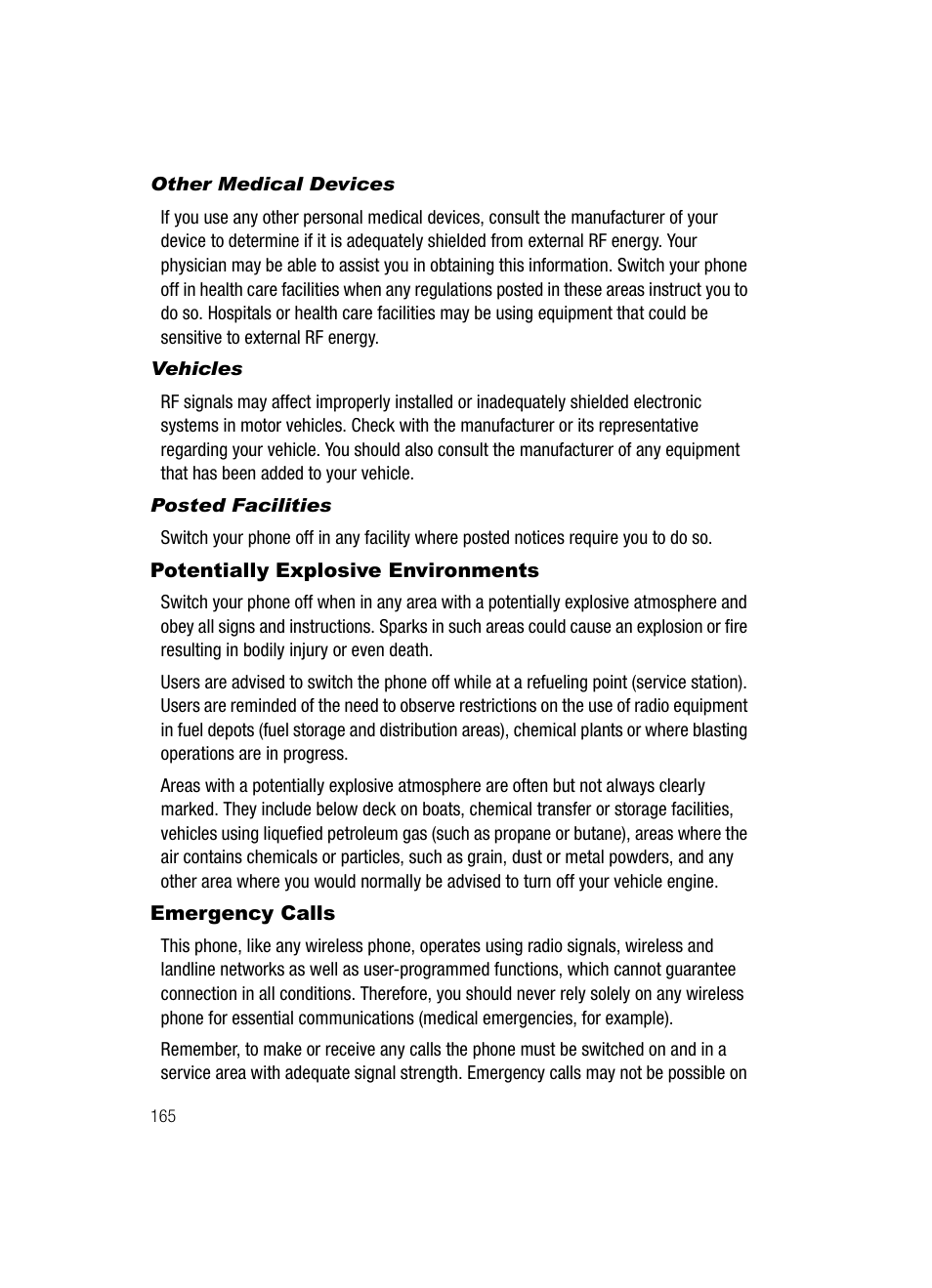 Potentially explosive environments, Emergency calls | Samsung SGH-A727ZKAATT User Manual | Page 168 / 185