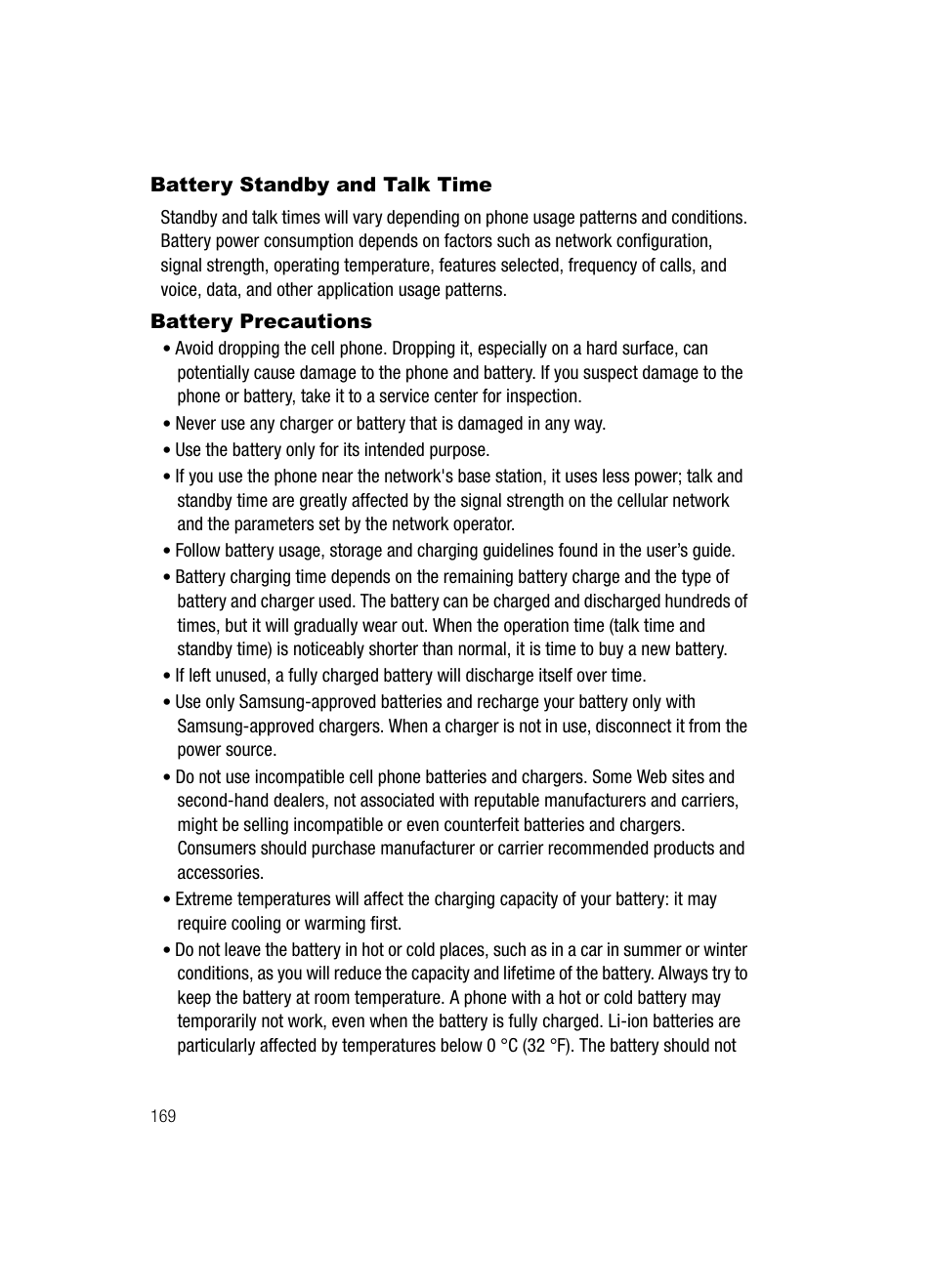 Battery standby and talk time battery precautions, Battery standby and talk time, Battery precautions | Samsung SGH-A727ZKAATT User Manual | Page 172 / 185