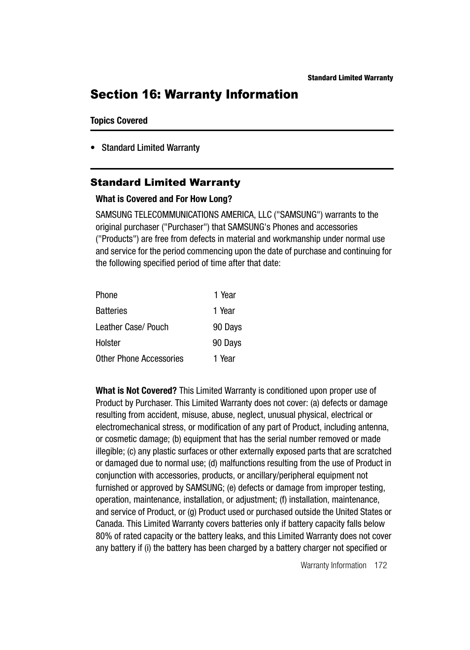 Section 16: warranty information, Standard limited warranty | Samsung SGH-A727ZKAATT User Manual | Page 175 / 185
