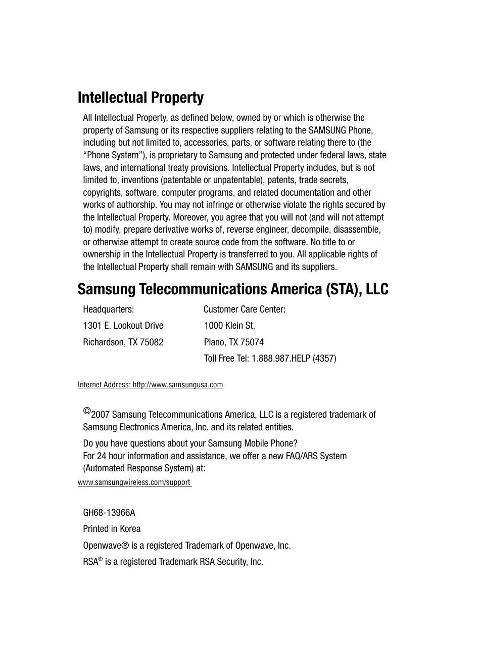 Intellectual property, Samsung telecommunications america (sta), llc | Samsung SGH-A727ZKAATT User Manual | Page 2 / 185