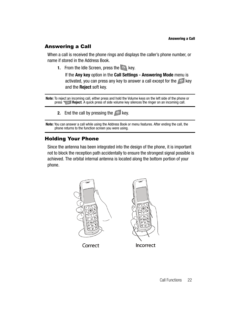 Answering a call holding your phone, Answering a call | Samsung SGH-A727ZKAATT User Manual | Page 25 / 185