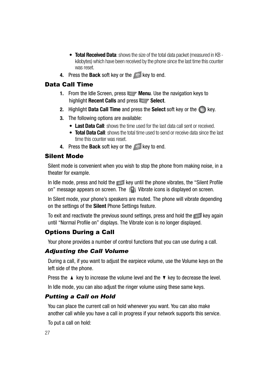 Data call time silent mode options during a call, Data call time, Silent mode | Options during a call | Samsung SGH-A727ZKAATT User Manual | Page 30 / 185