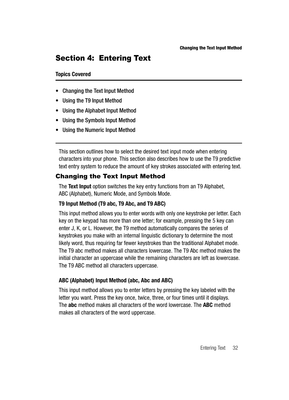 Section 4: entering text, Changing the text input method | Samsung SGH-A727ZKAATT User Manual | Page 35 / 185