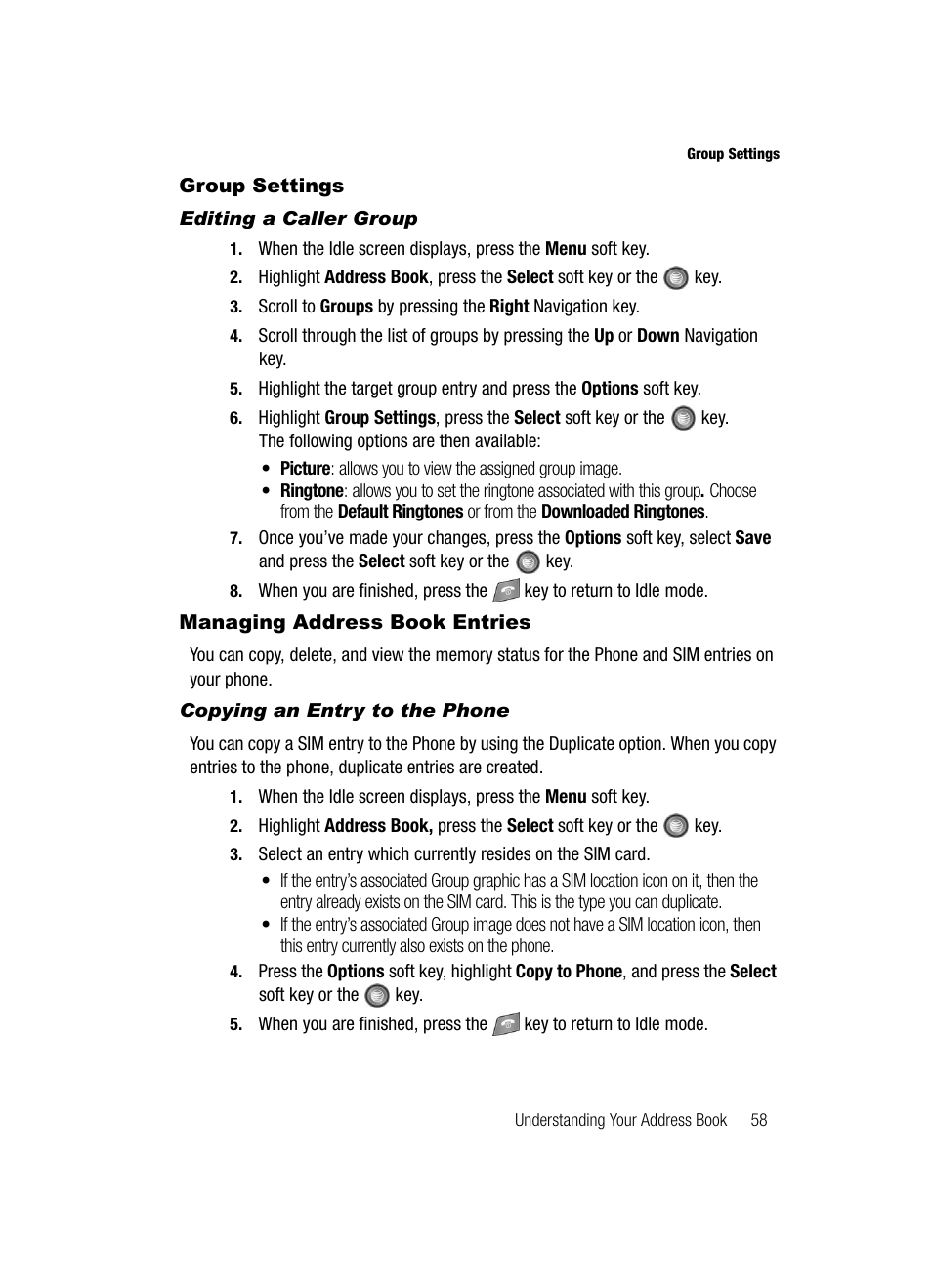 Group settings, Managing address book entries | Samsung SGH-A727ZKAATT User Manual | Page 61 / 185