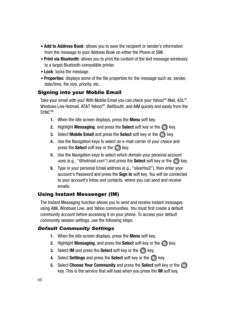 Using instant messenger (im), Signing into your mobile email | Samsung SGH-A727ZKAATT User Manual | Page 72 / 185