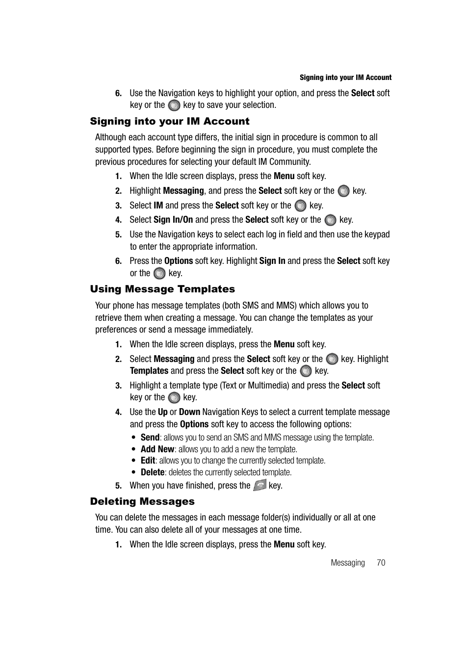 Signing into your im account, Using message templates, Deleting messages | Samsung SGH-A727ZKAATT User Manual | Page 73 / 185