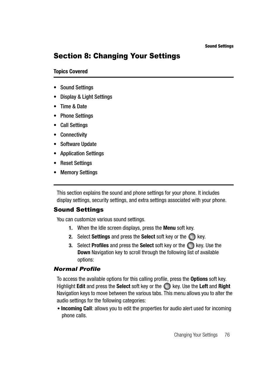 Section 8: changing your settings, Sound settings | Samsung SGH-A727ZKAATT User Manual | Page 79 / 185