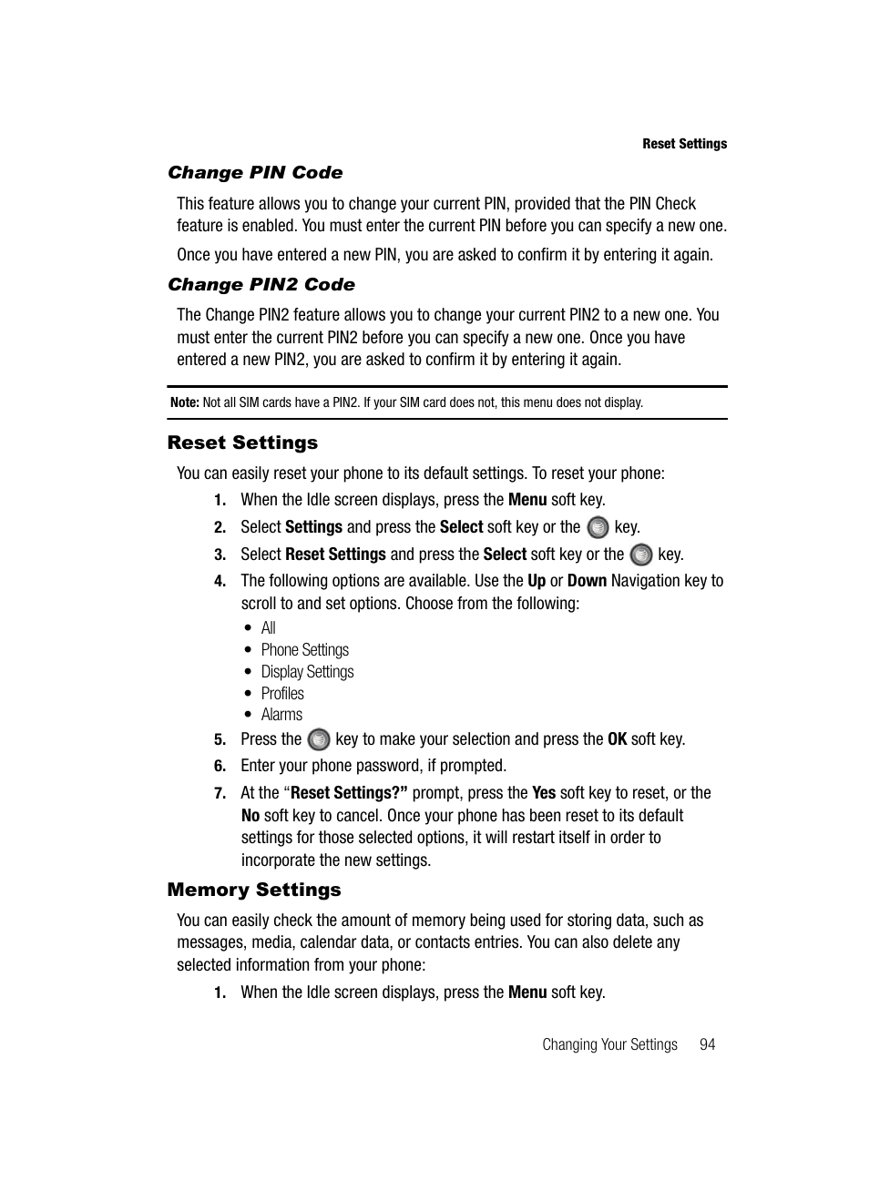 Reset settings memory settings, Reset settings, Memory settings | Samsung SGH-A727ZKAATT User Manual | Page 97 / 185