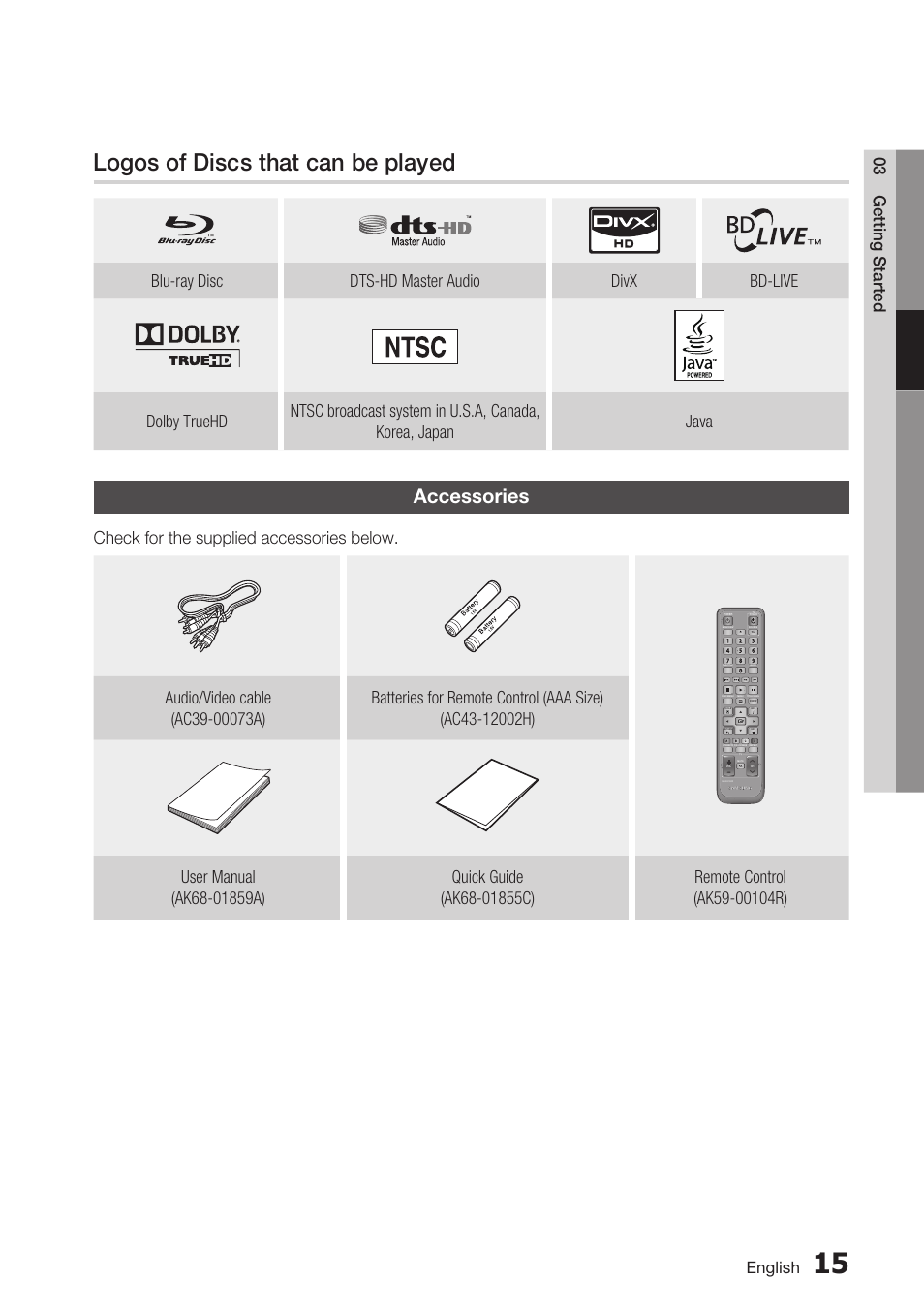 Logos of discs that can be played, Accessories, 03 getting started | Check for the supplied accessories below, English | Samsung BD-C6500-XAA User Manual | Page 15 / 70