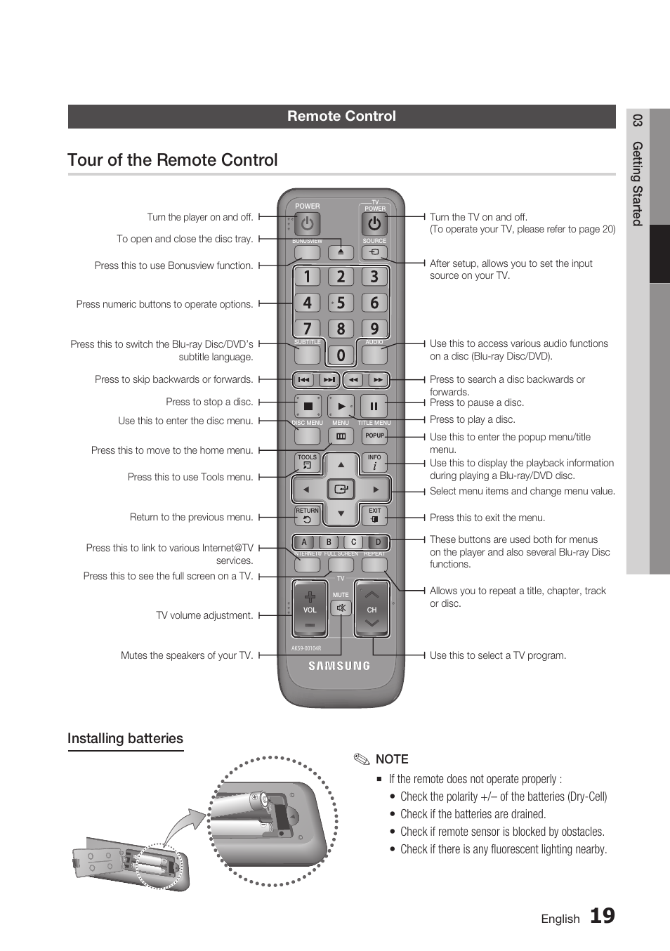 Remote control, Tour of the remote control, Installing batteries | 03 getting started | Samsung BD-C6500-XAA User Manual | Page 19 / 70