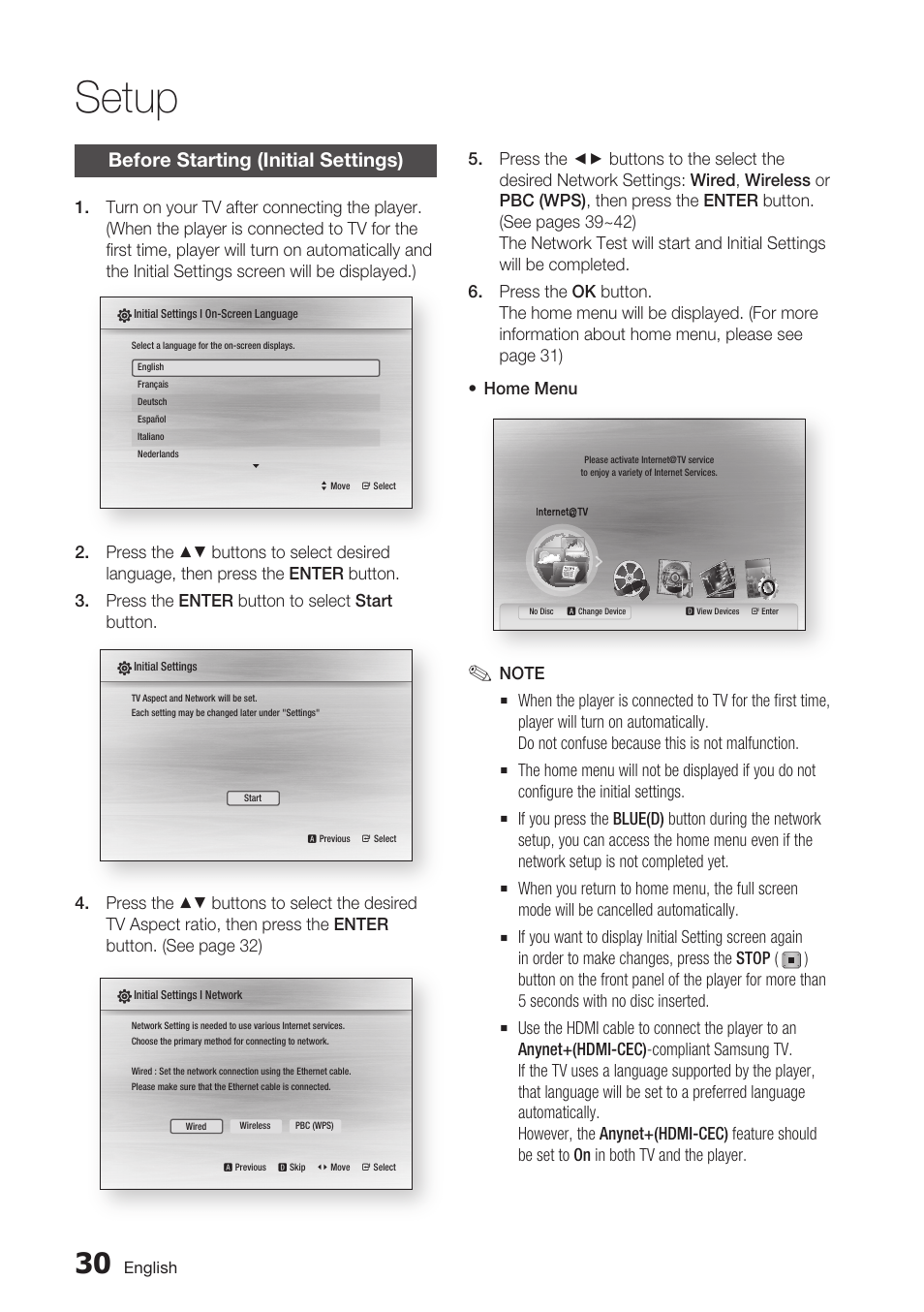 Setup, Before starting (initial settings) | Samsung BD-C6500-XAA User Manual | Page 30 / 70