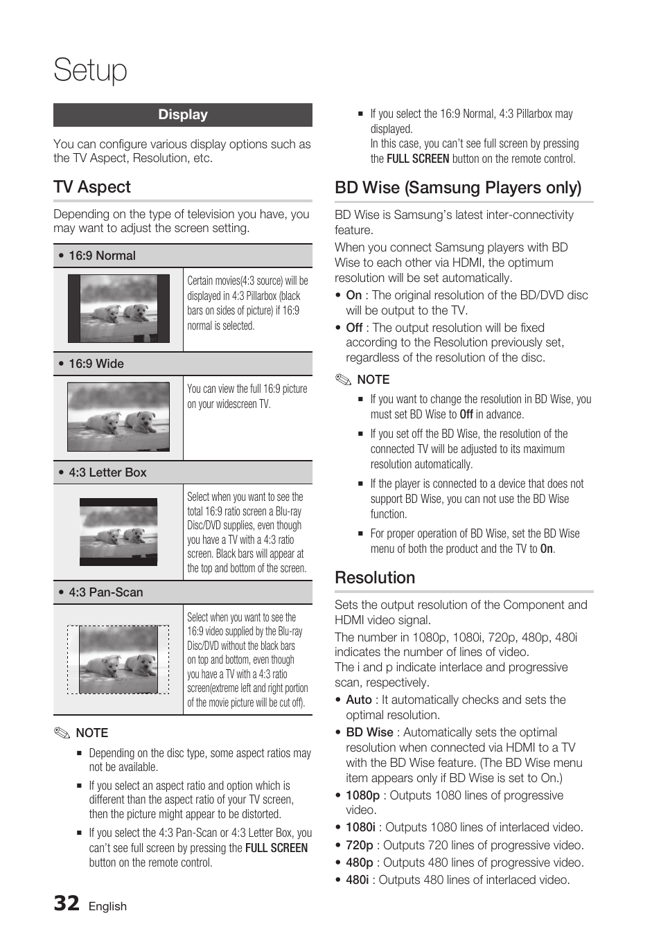 Display, Tv aspect, Bd wise (samsung players only) | Resolution, Setup | Samsung BD-C6500-XAA User Manual | Page 32 / 70