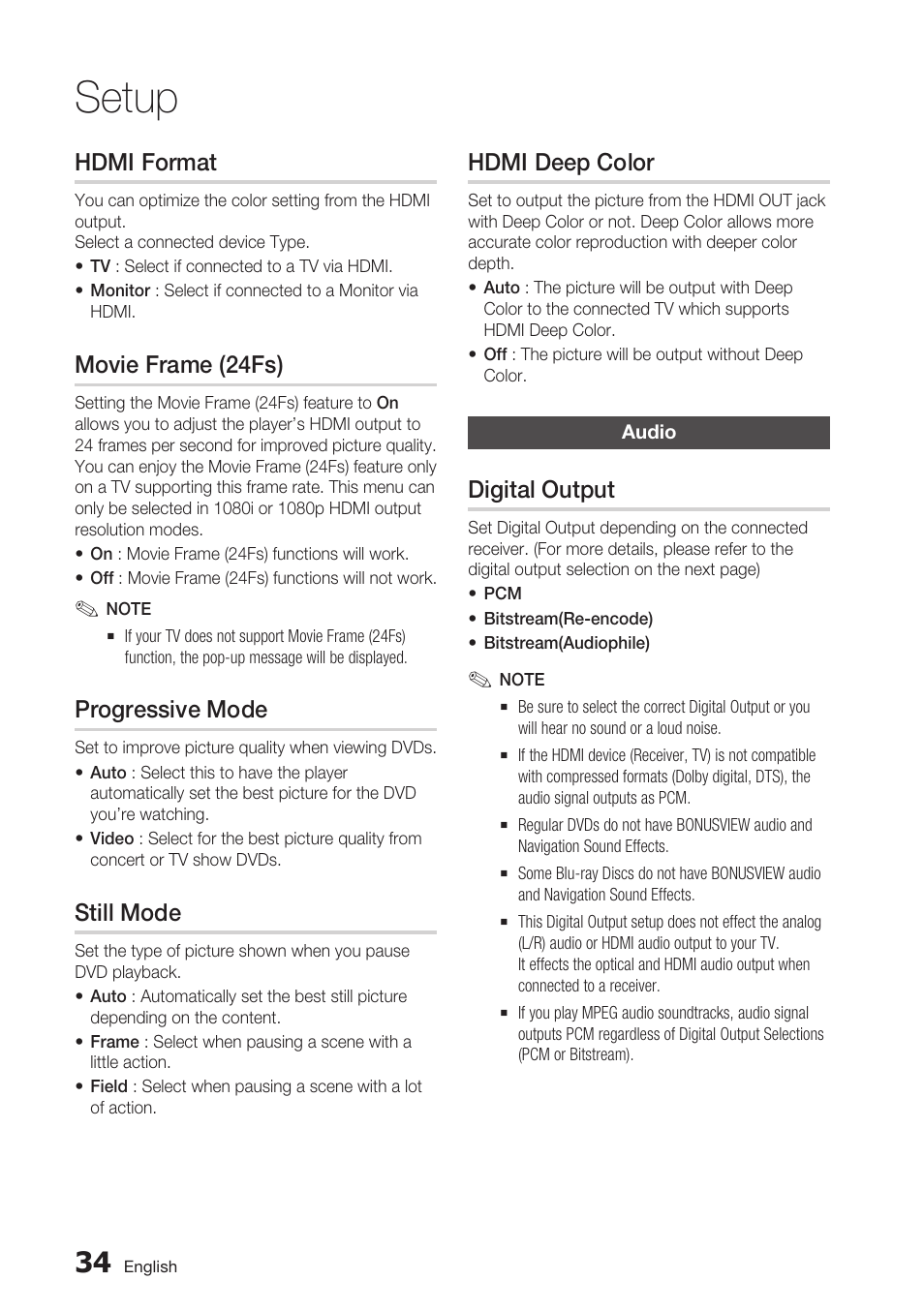 Hdmi format, Movie frame (24fs), Progressive mode | Still mode, Hdmi deep color, Audio, Digital output, Setup | Samsung BD-C6500-XAA User Manual | Page 34 / 70