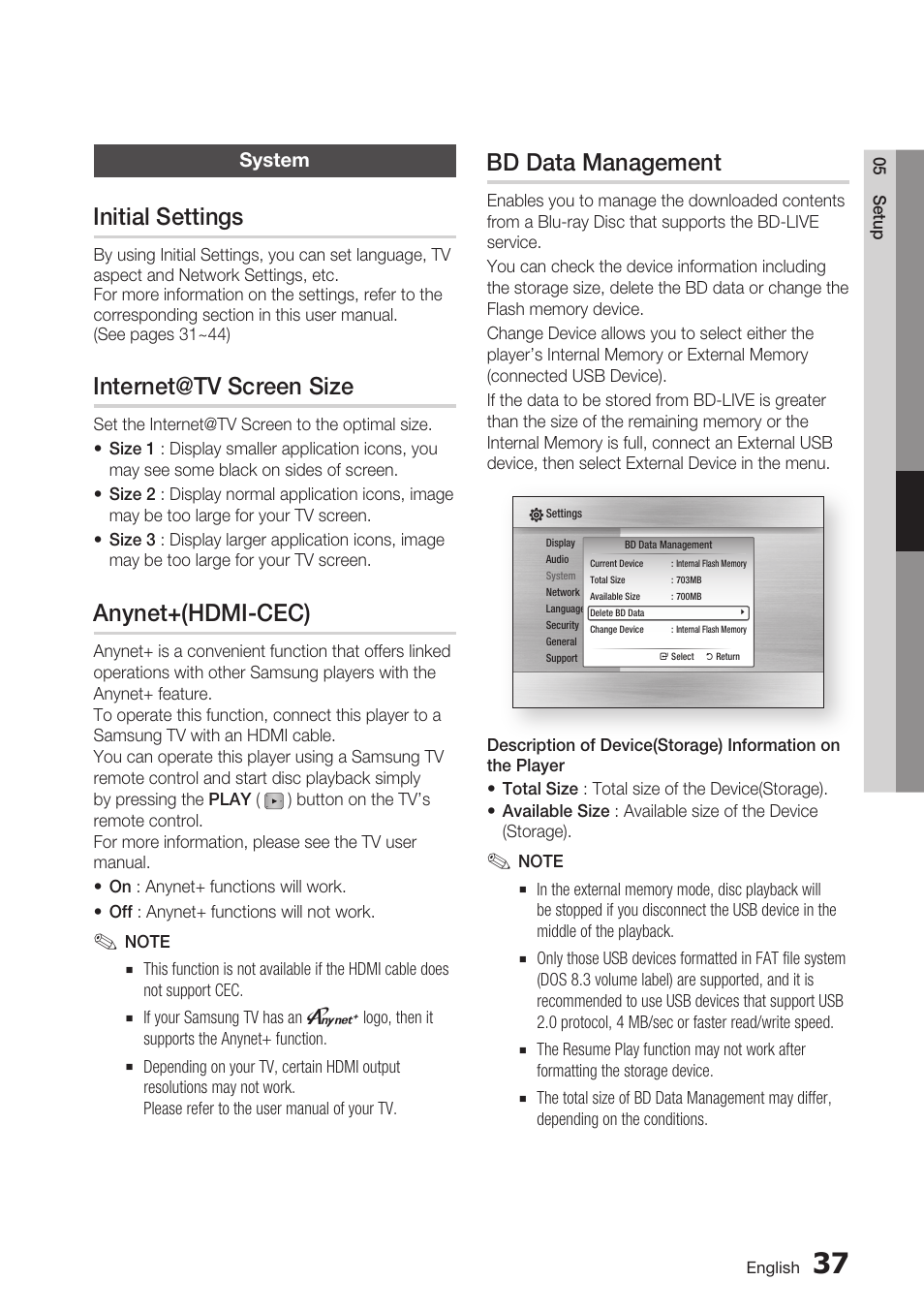 System, Initial settings, Internet@tv screen size | Anynet+(hdmi-cec), Bd data management | Samsung BD-C6500-XAA User Manual | Page 37 / 70