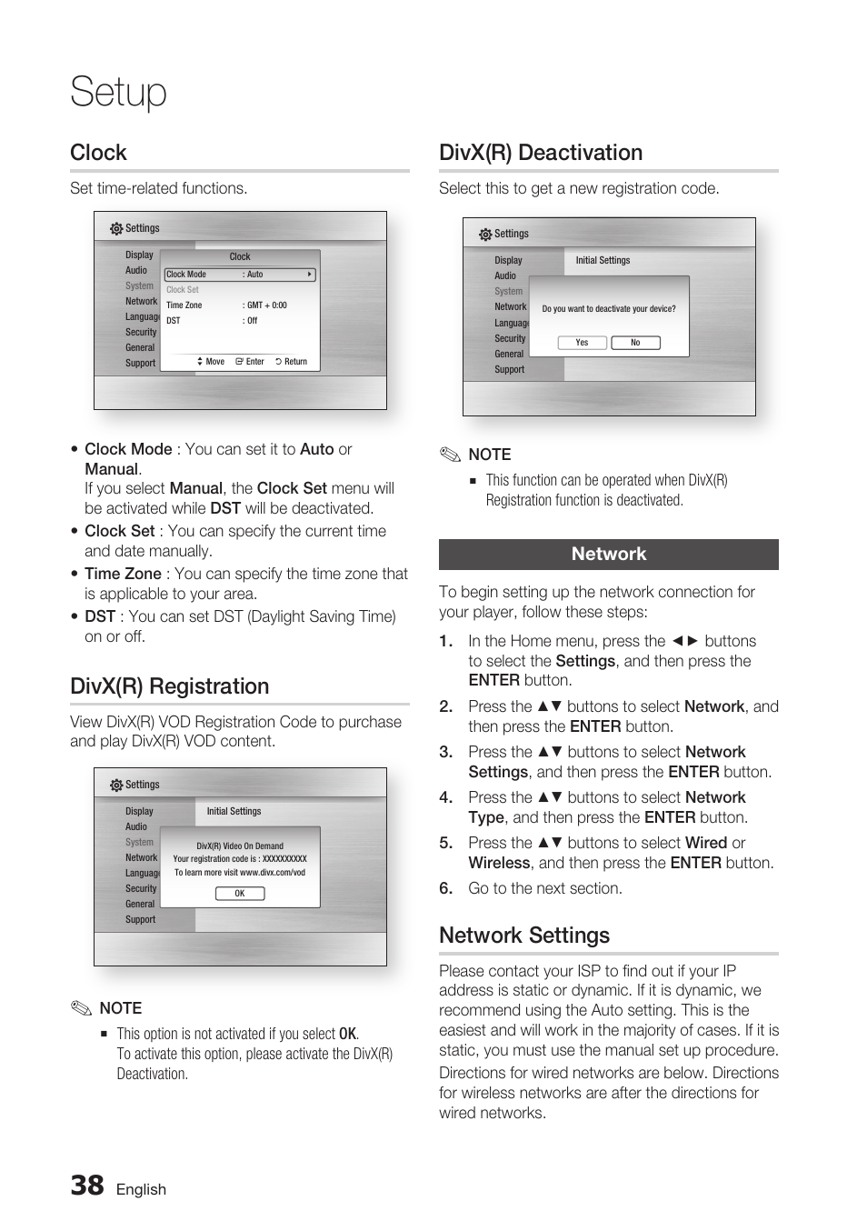 Clock, Divx(r) registration, Divx(r) deactivation | Network, Network settings, Setup | Samsung BD-C6500-XAA User Manual | Page 38 / 70