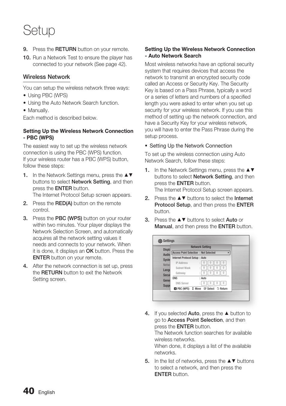 Setup, Wireless network | Samsung BD-C6500-XAA User Manual | Page 40 / 70